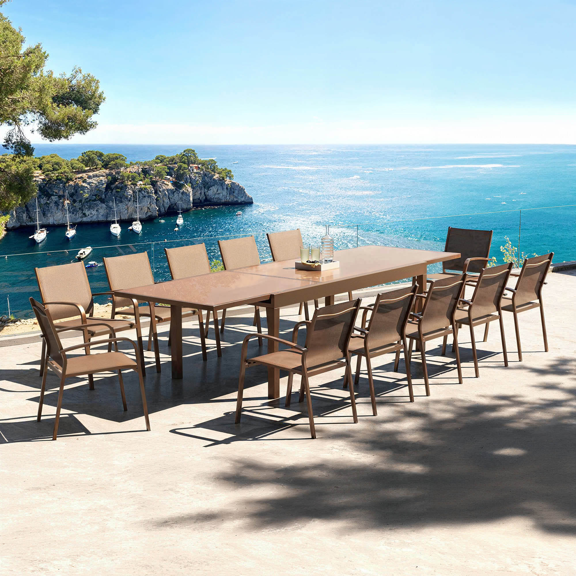 Table de jardin extensible en verre 12 places (200/320 x 100 cm) Murano Bronze