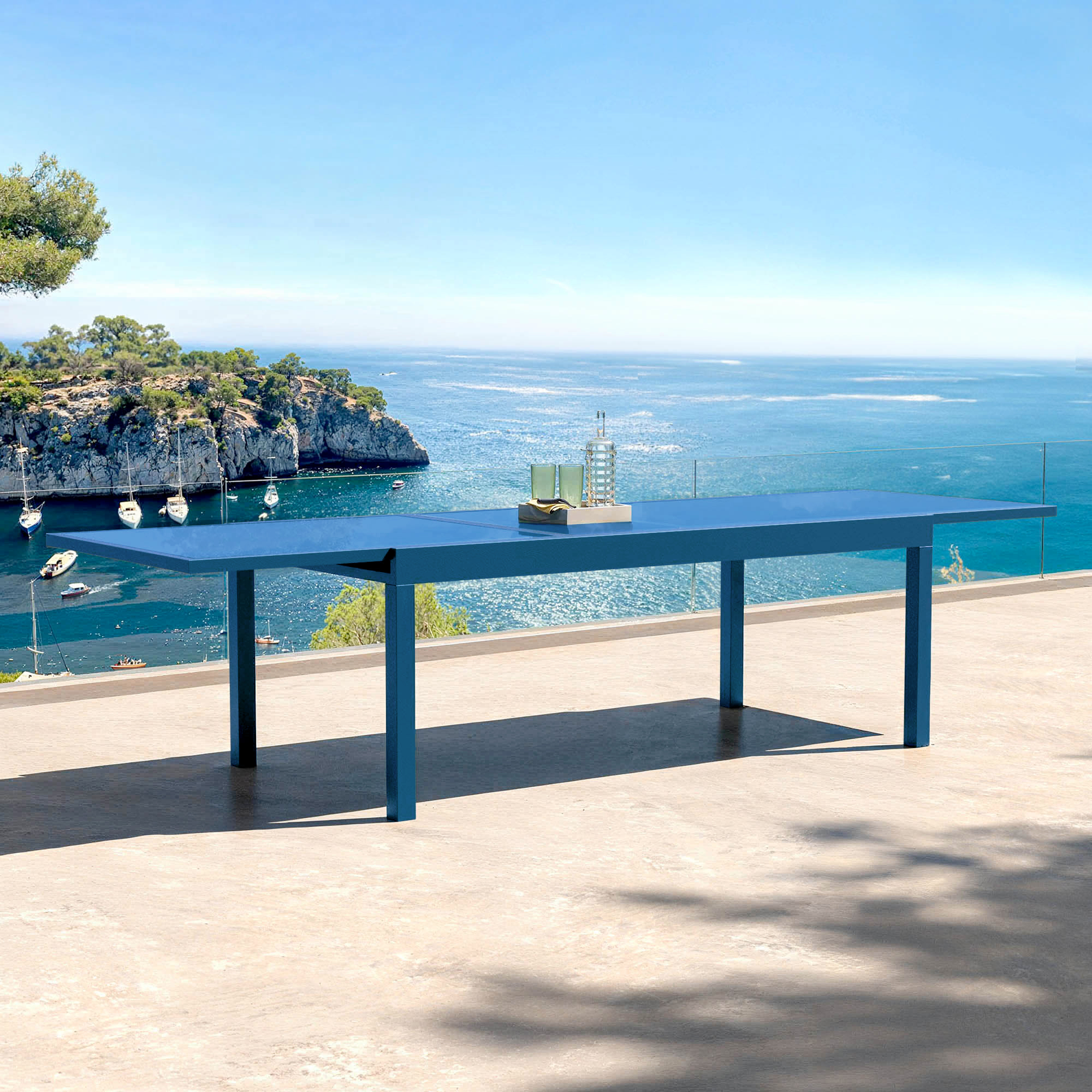 Table de jardin extensible en verre 12 places (200/320 x 100 cm) Murano Bleu pétrole
