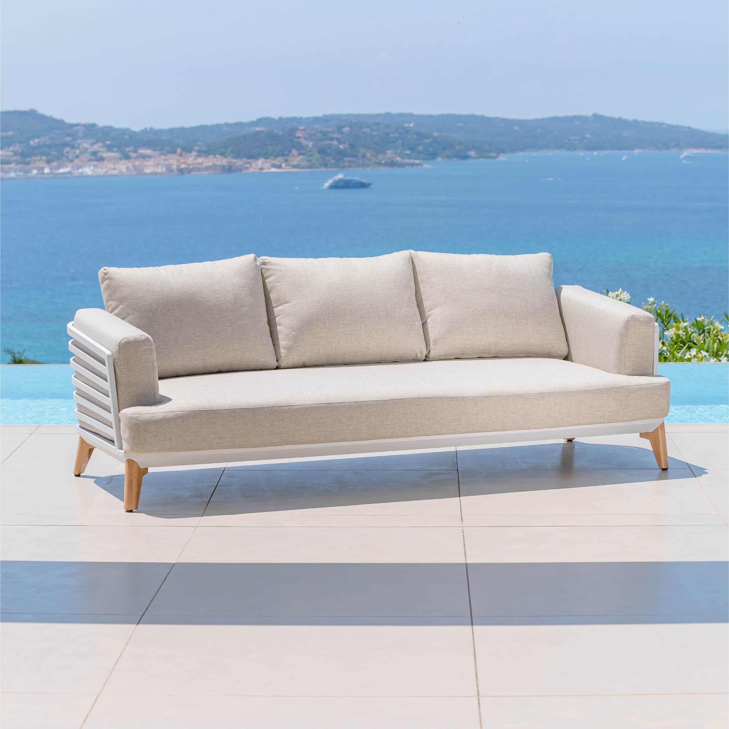 Salon de jardin aluminium 9 places 12 pcs Monte Carlo Blanc et taupe