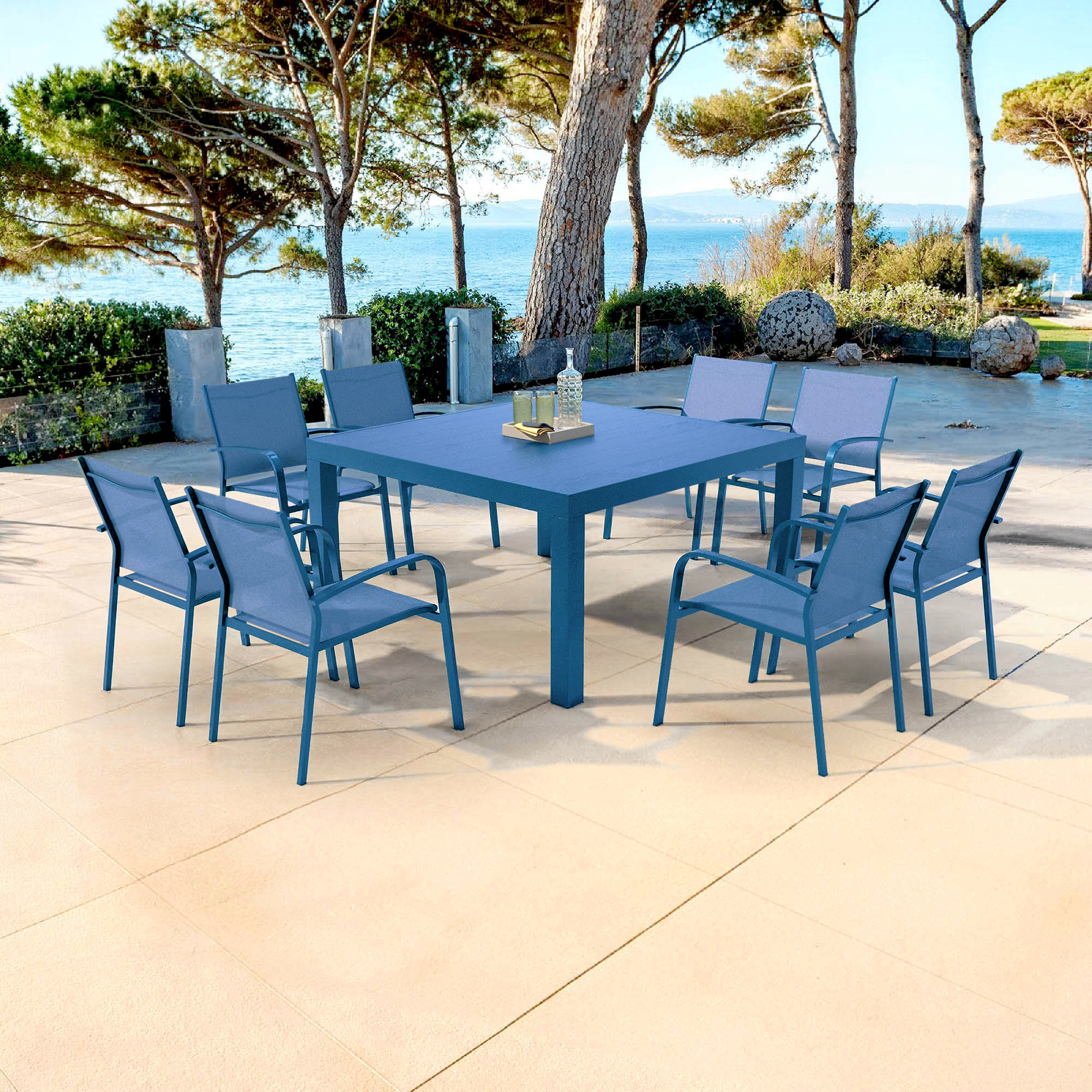 Table de jardin carrée aluminium 8 places (136 x 136 cm) Murano Bleu pétrole