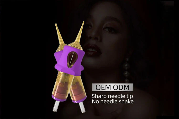 PEACH Tattoo-Kartuschennadeln mit violettem TPE-Weichschutz und goldener Kartusche