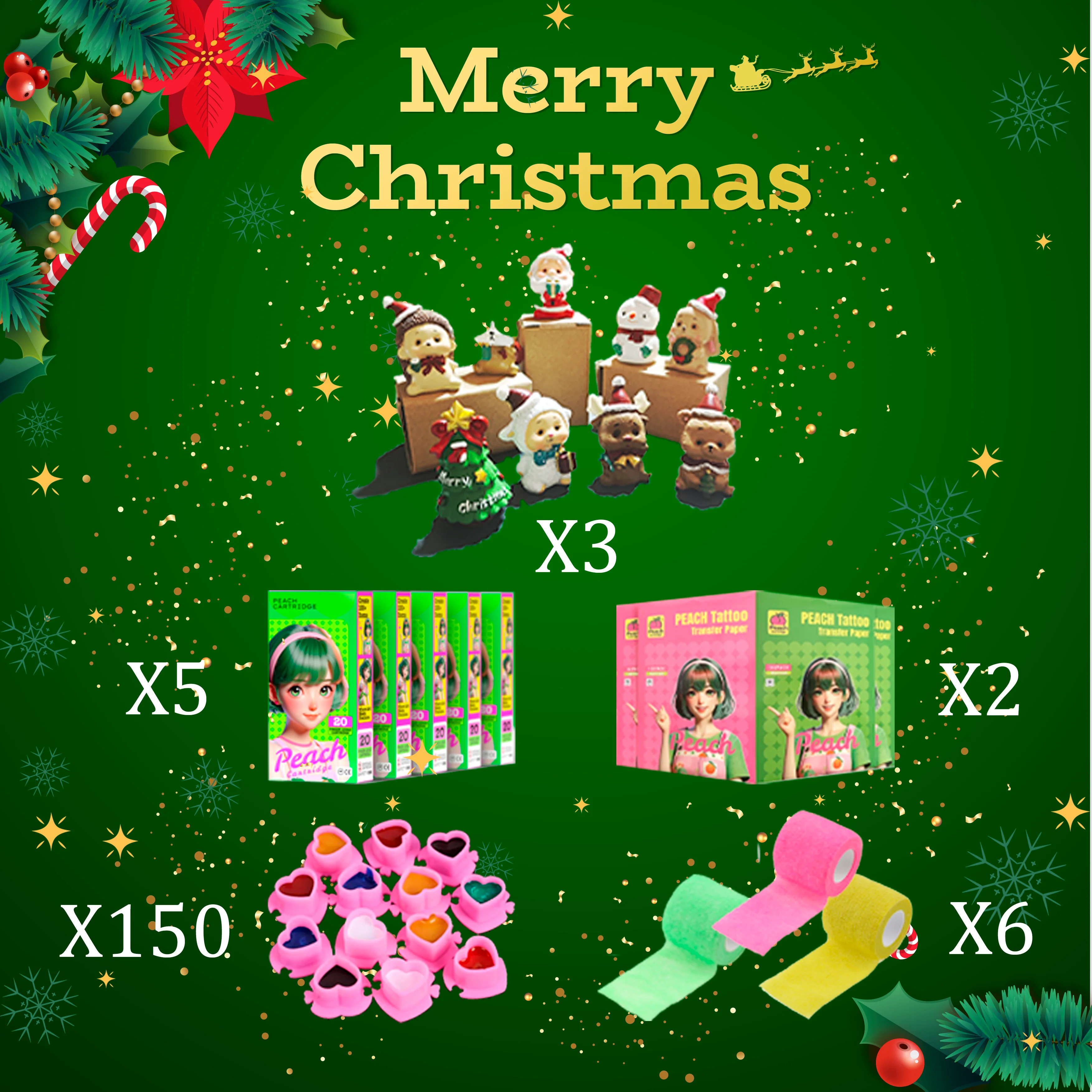 PEACH Weihnachts-Sparset (Weihnachts-Puppen Blindbox, Tattoo-Tintenpatronen, Tattoo-Transferpapier, Tattoo-Farbkappen, Bandage)