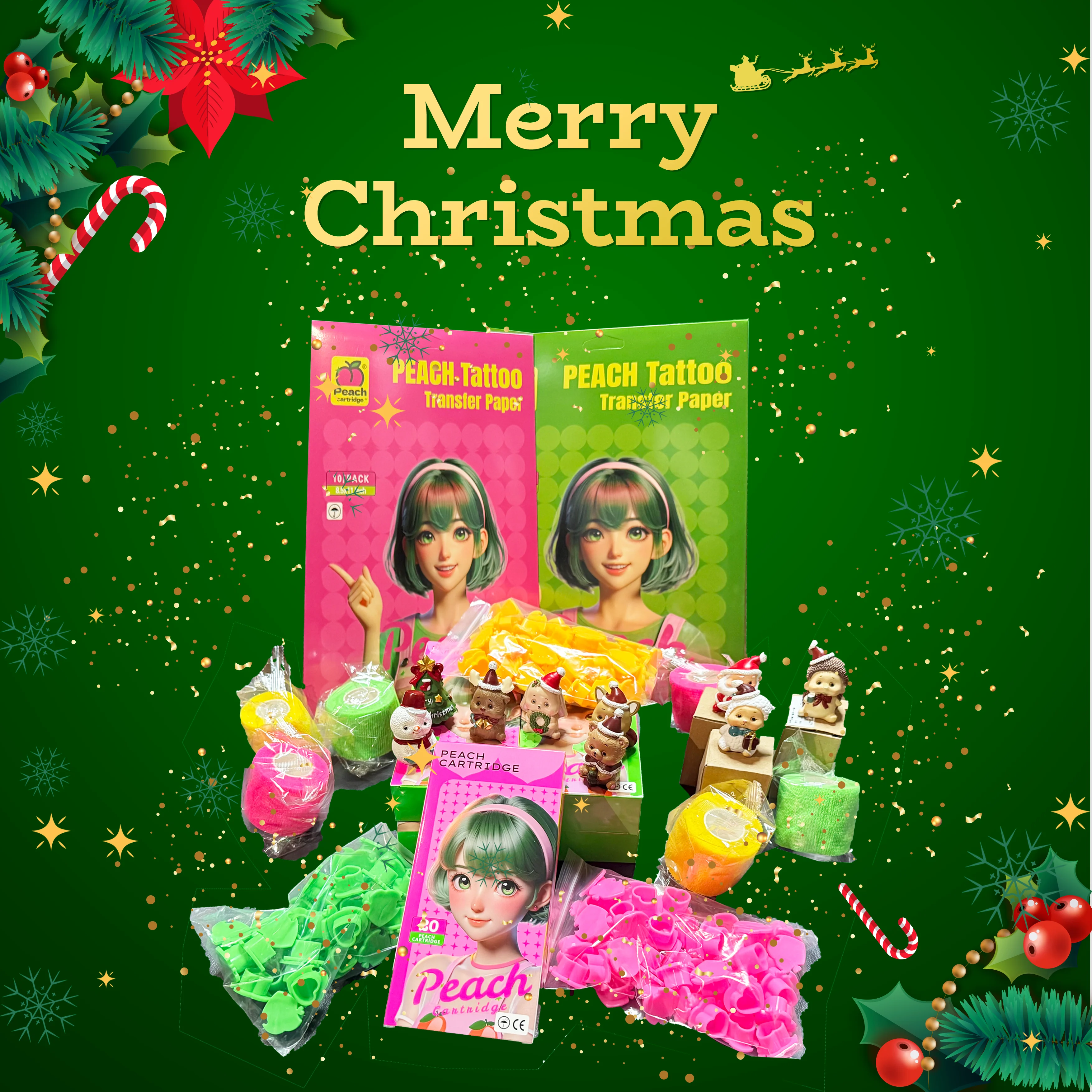 PEACH Weihnachts-Sparset (Weihnachts-Puppen Blindbox, Tattoo-Tintenpatronen, Tattoo-Transferpapier, Tattoo-Farbkappen, Bandage)