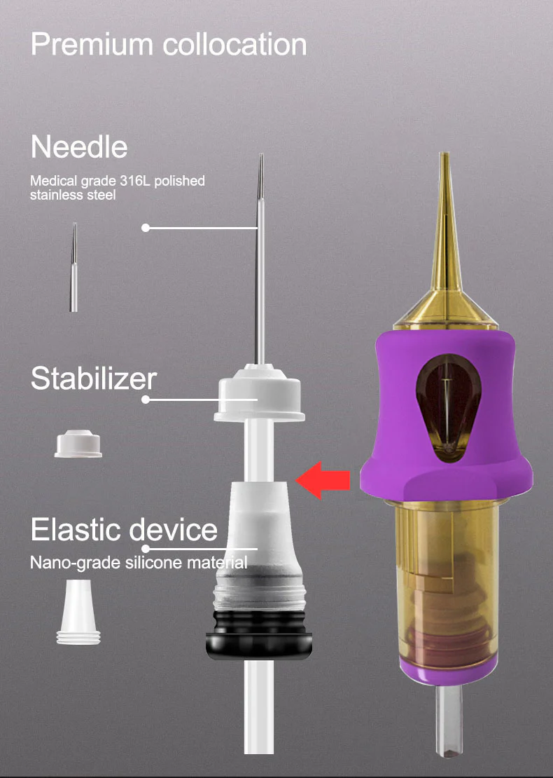 PEACH Tattoo-Kartuschennadeln mit violettem TPE-Weichschutz und goldener Kartusche