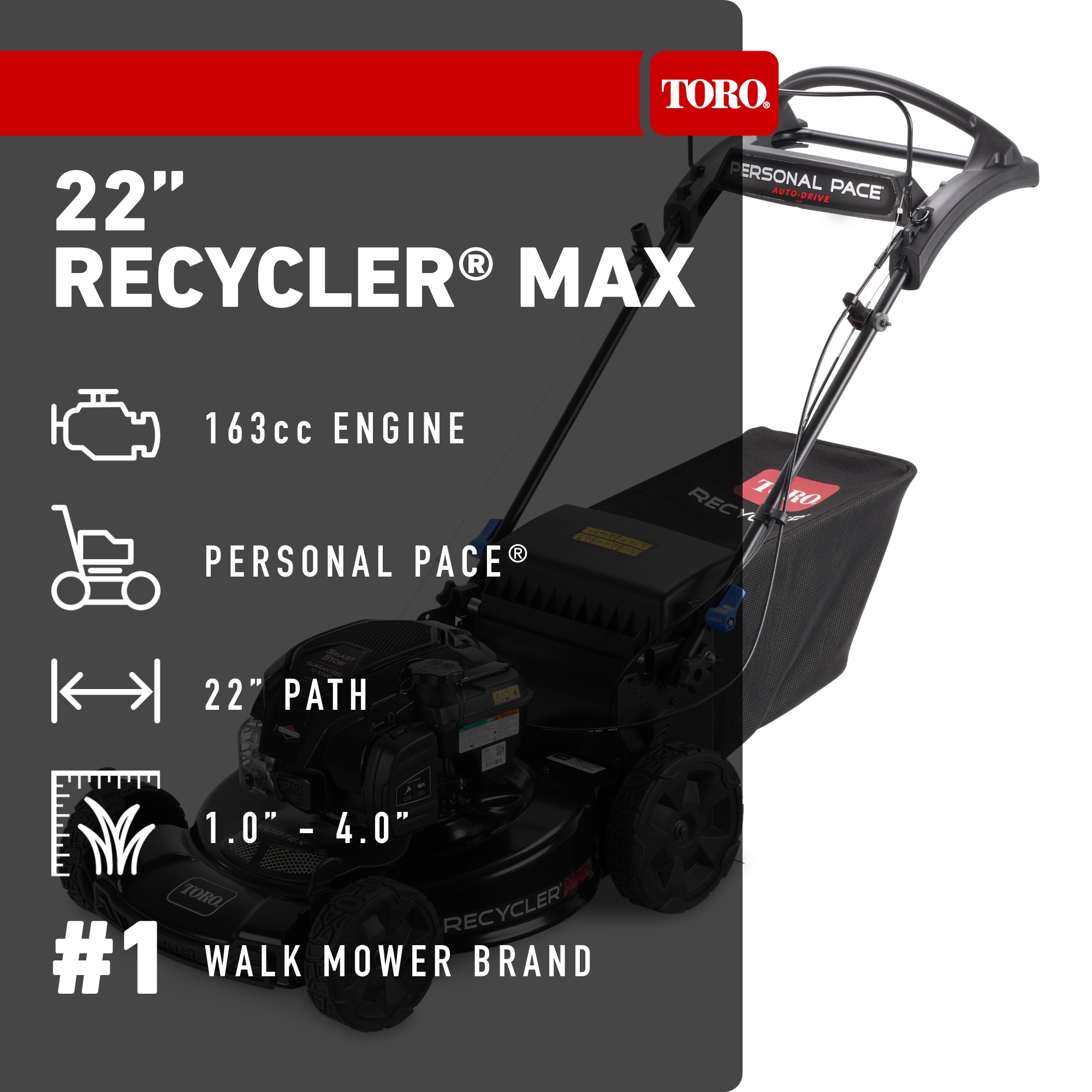 Toro Recycler Max with Personal Pace and Smart Stow 22-in Gas Self-propelled lawn mower with 163-cc Briggs and Stratton Engine