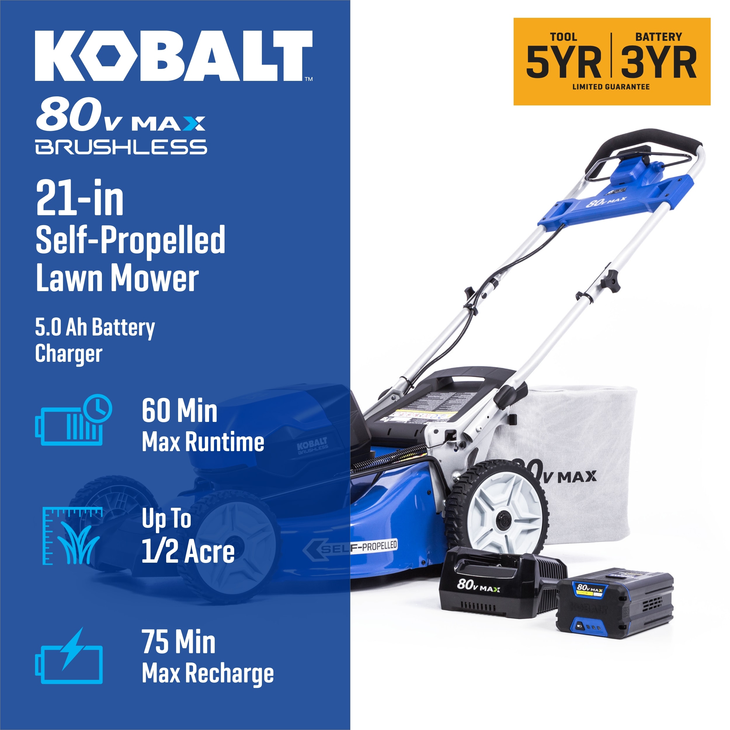 Kobalt 80-volt, 21-in Self Propelled Battery Walk Mower with (1) 5 Ah Battery & Charger Included