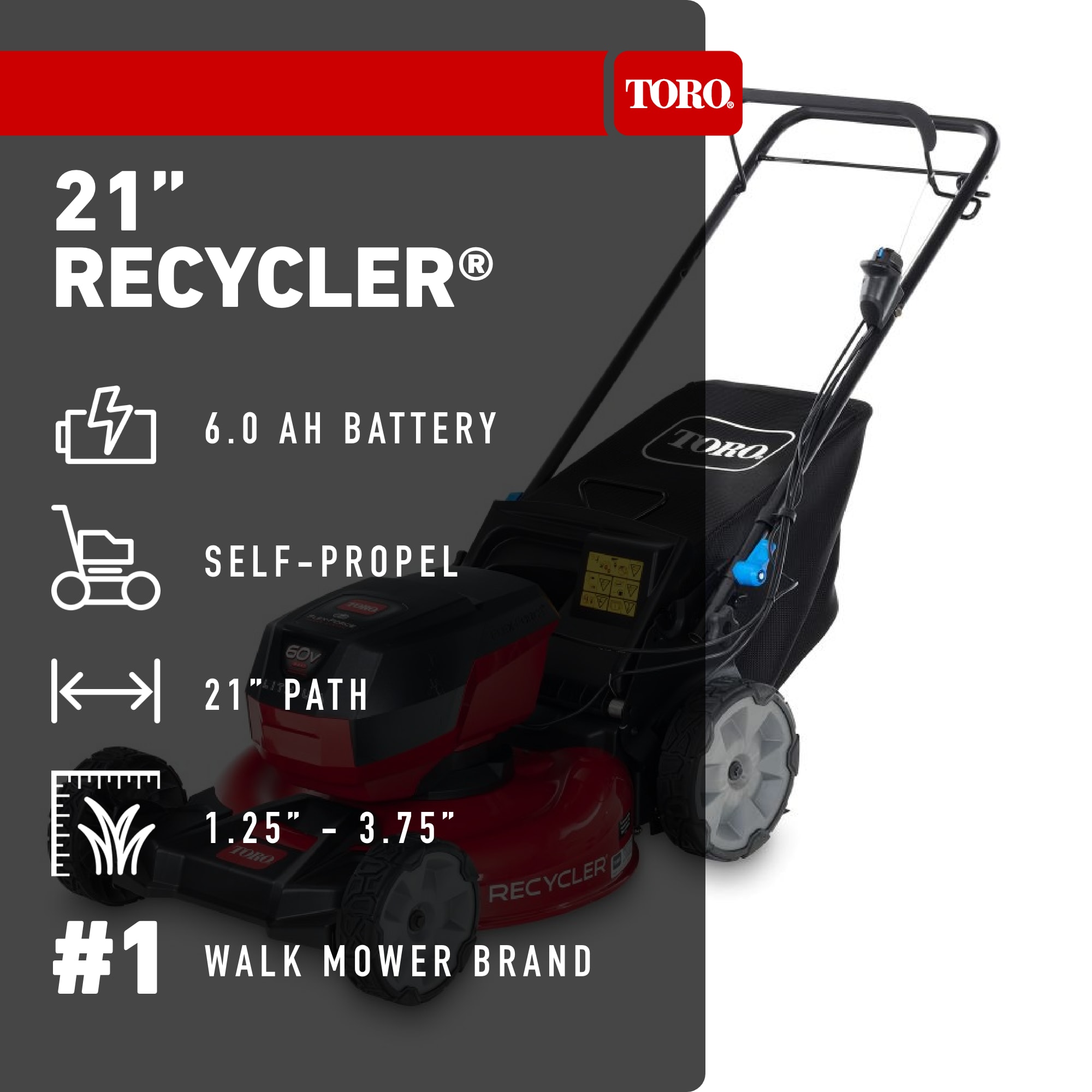 Toro Recycler 21-in 60-volt, Self-Propelled Battery Walk Mower with (1) 6ah Battery Included