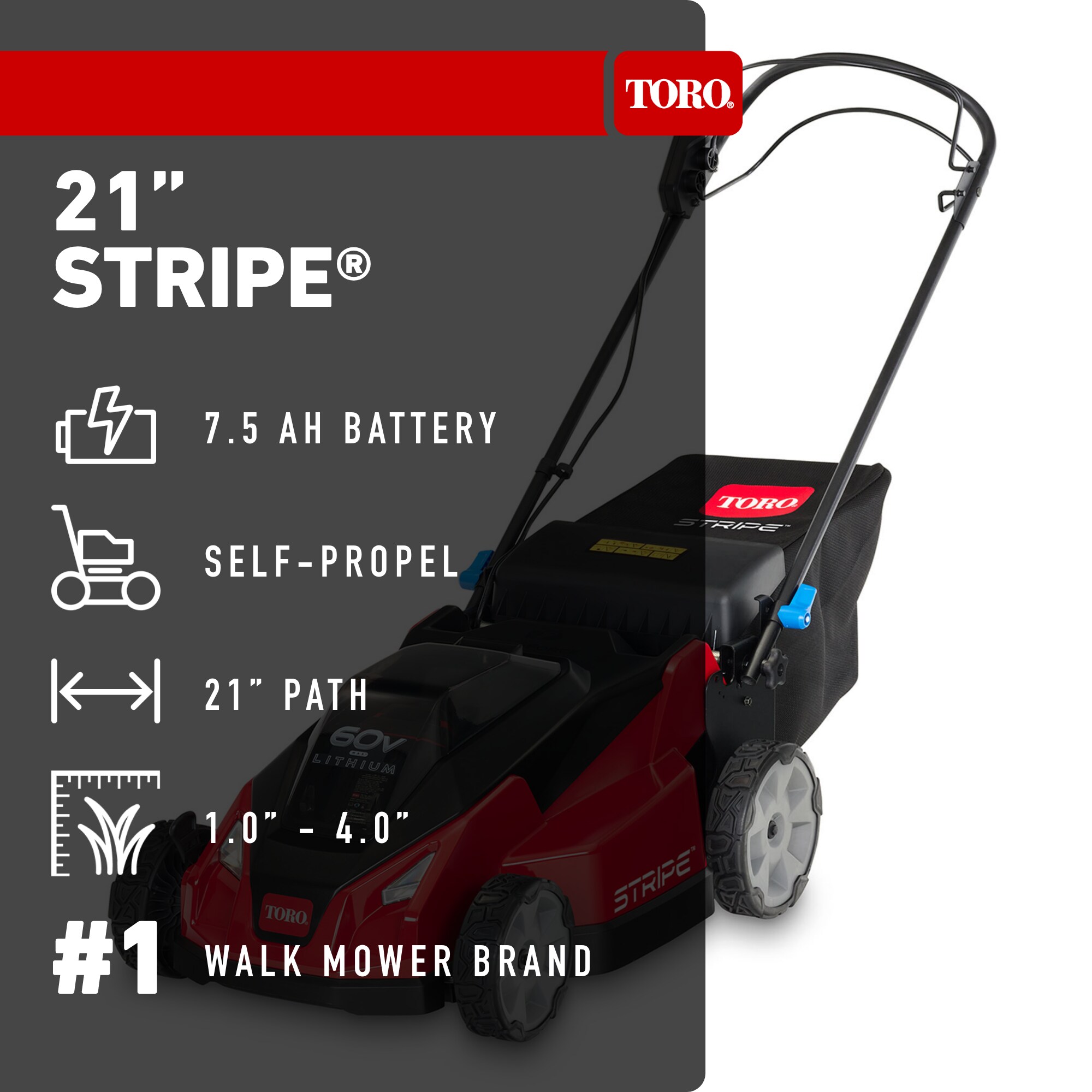 Toro Stripe 21-in 60-volt, Self-Propelled Battery Walk Mower with (1) 7.5ah Battery Included