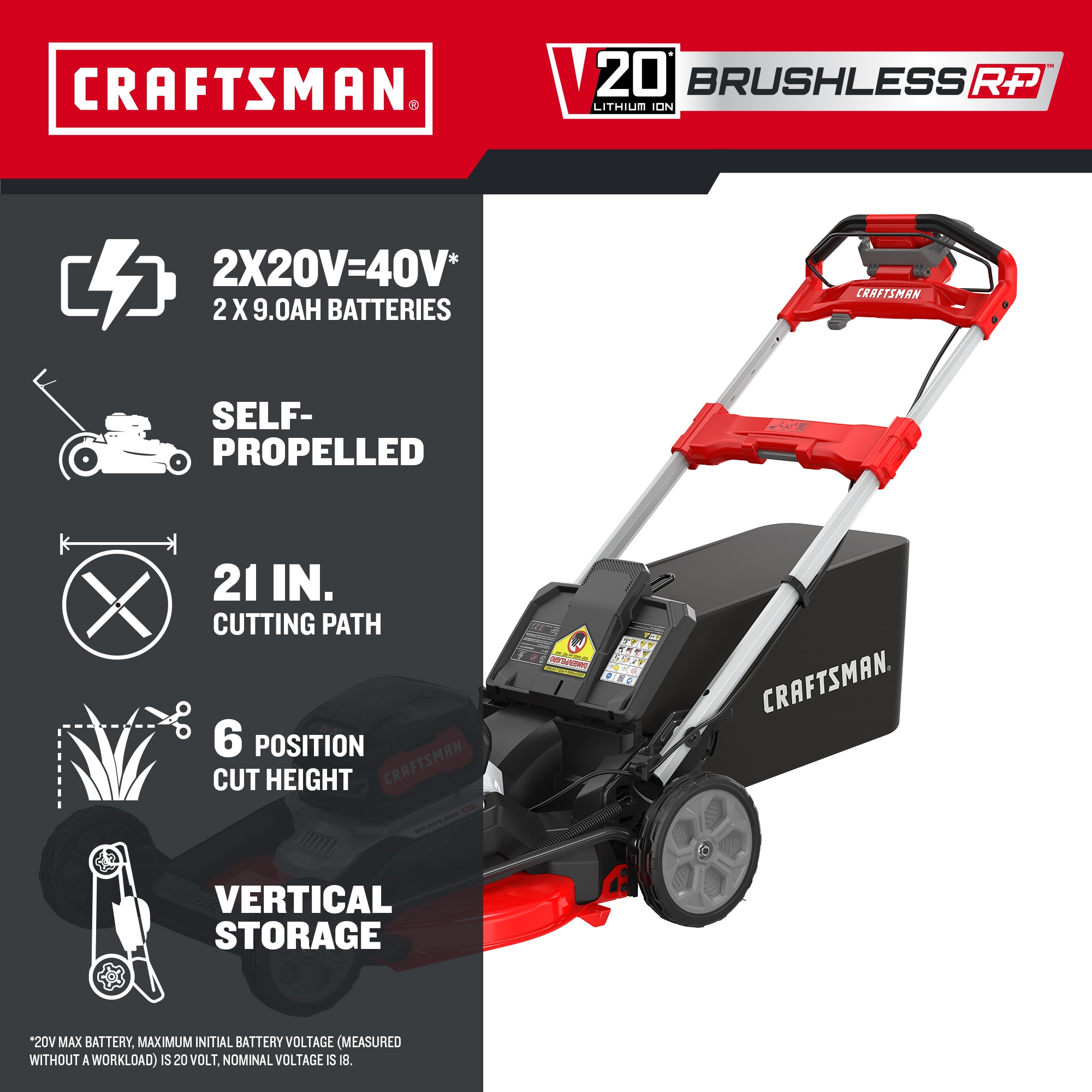 CRAFTSMAN 2xV20 20-volt, Max 21-in Self Propelled Battery Walk Mower with (2) 9 Ah Battery Included