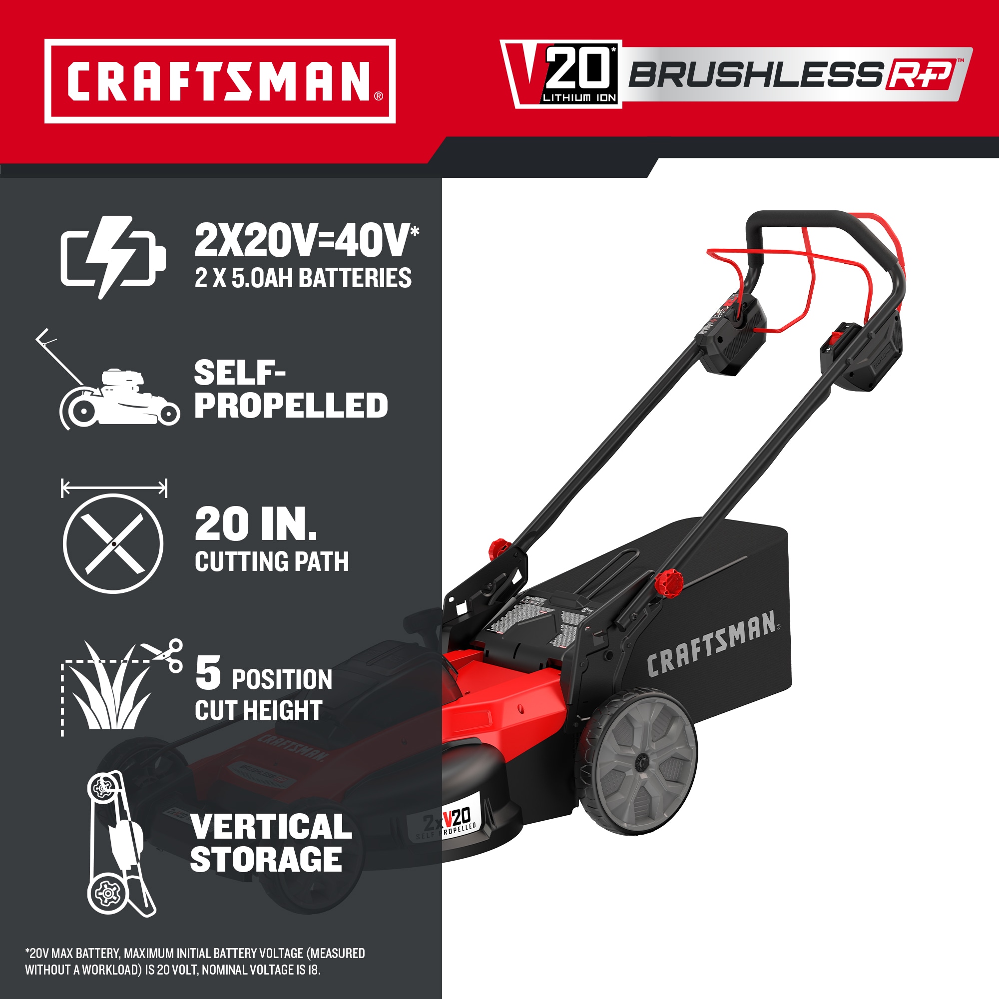 CRAFTSMAN V20 20-volt, 20-in Self Propelled Battery Walk Mower with (2) 5 Ah Battery Included