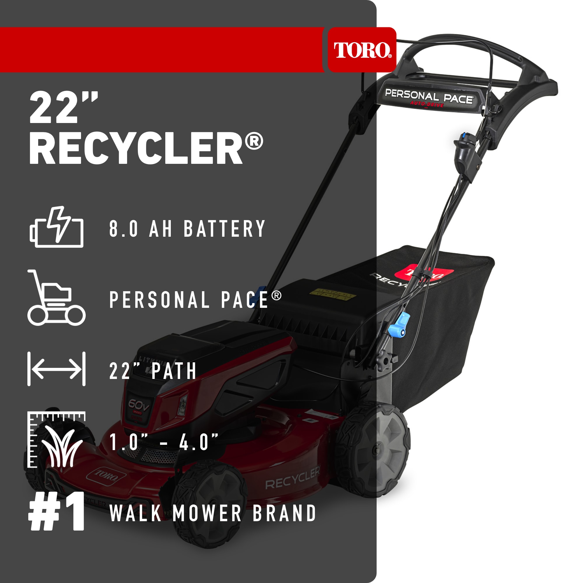 Toro Recycler 22-in 60-volt, Self-Propelled Battery Walk Mower with (1) 8ah Battery Included