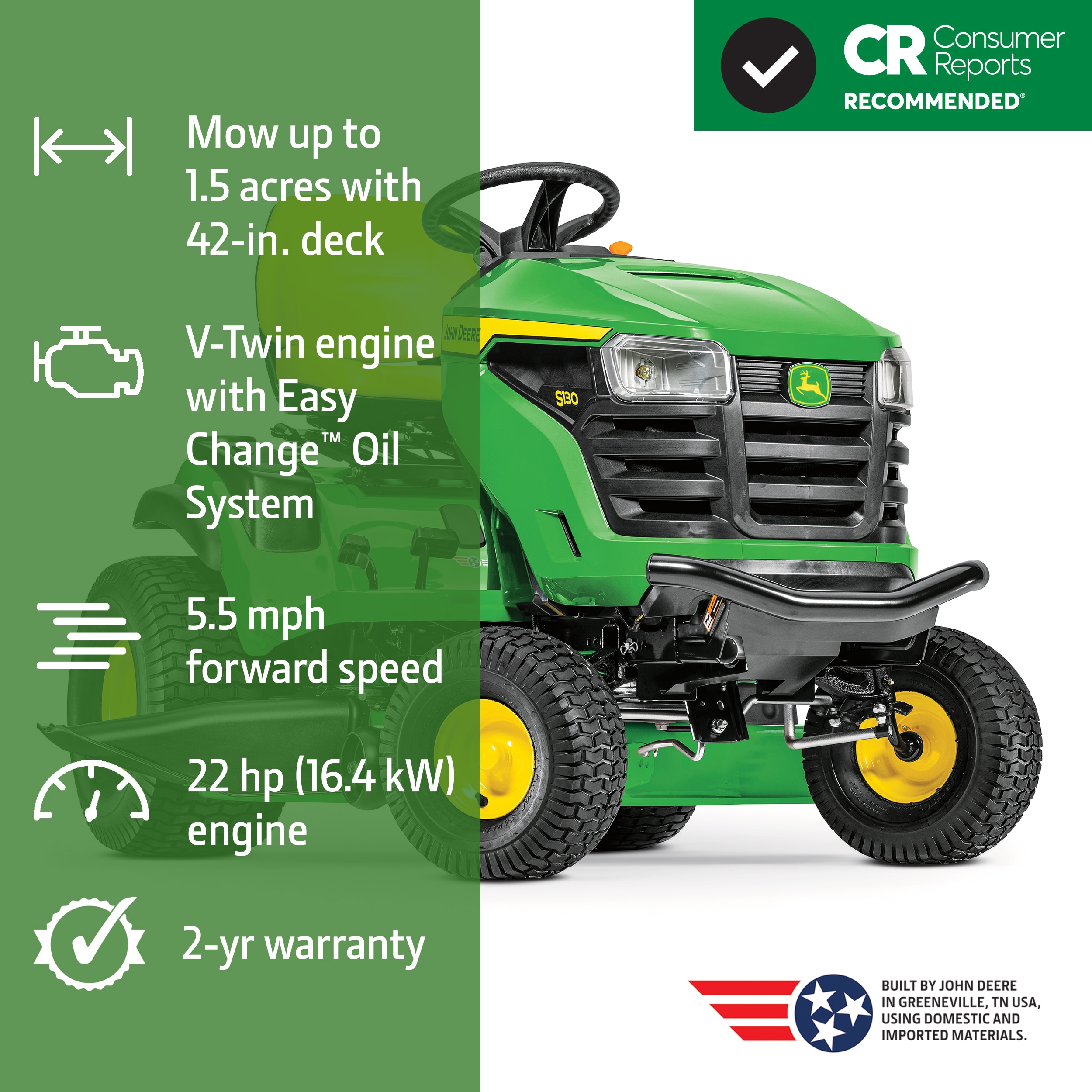 John Deere S130 42-in 22 -HP V-twin Gas Riding lawn mower