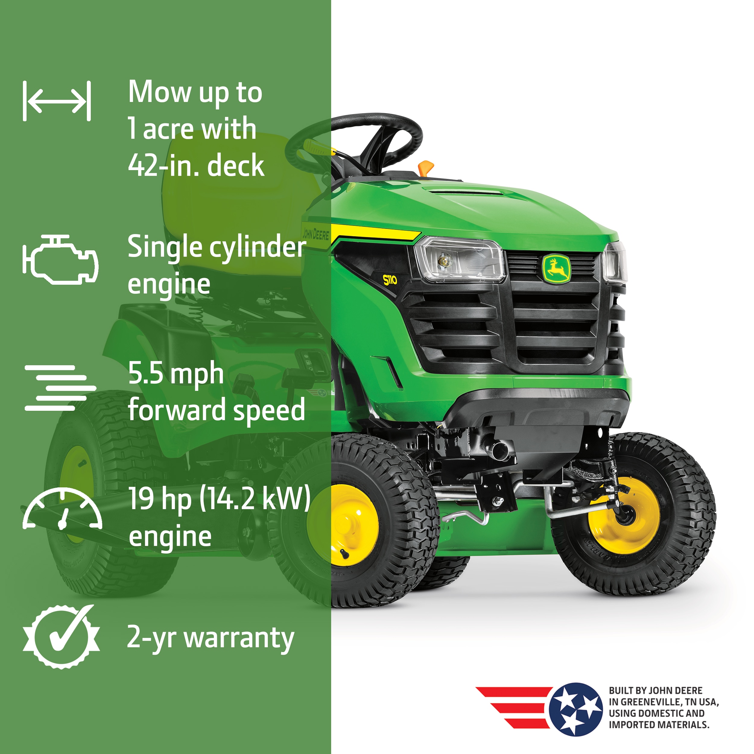 John Deere S110 42-in 19 -HP Single cylinder Gas Riding lawn mower