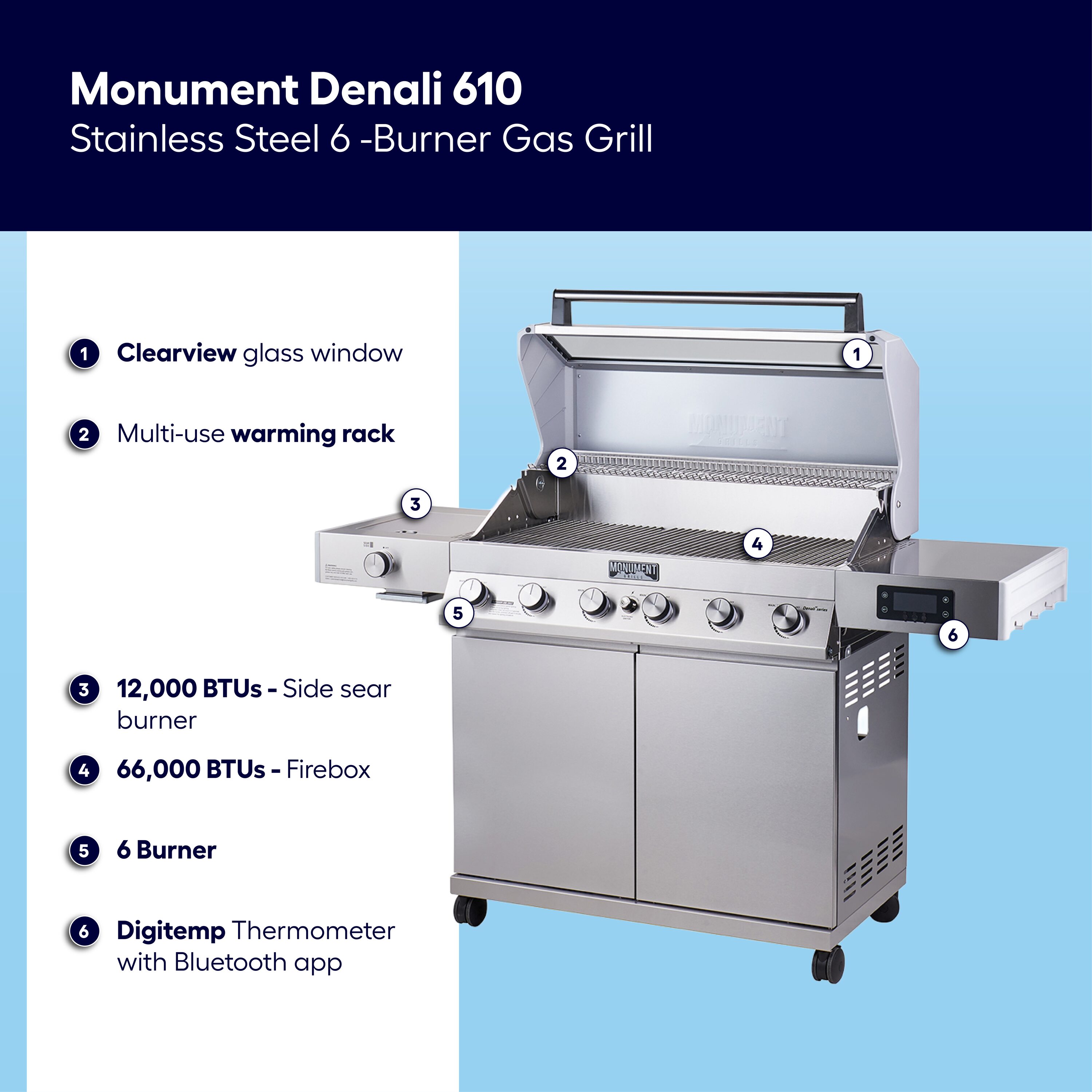 Monument Denali 610 Stainless Steel 6 -Burner Infrared Liquid Propane Gas Grill 1 -Side Burner