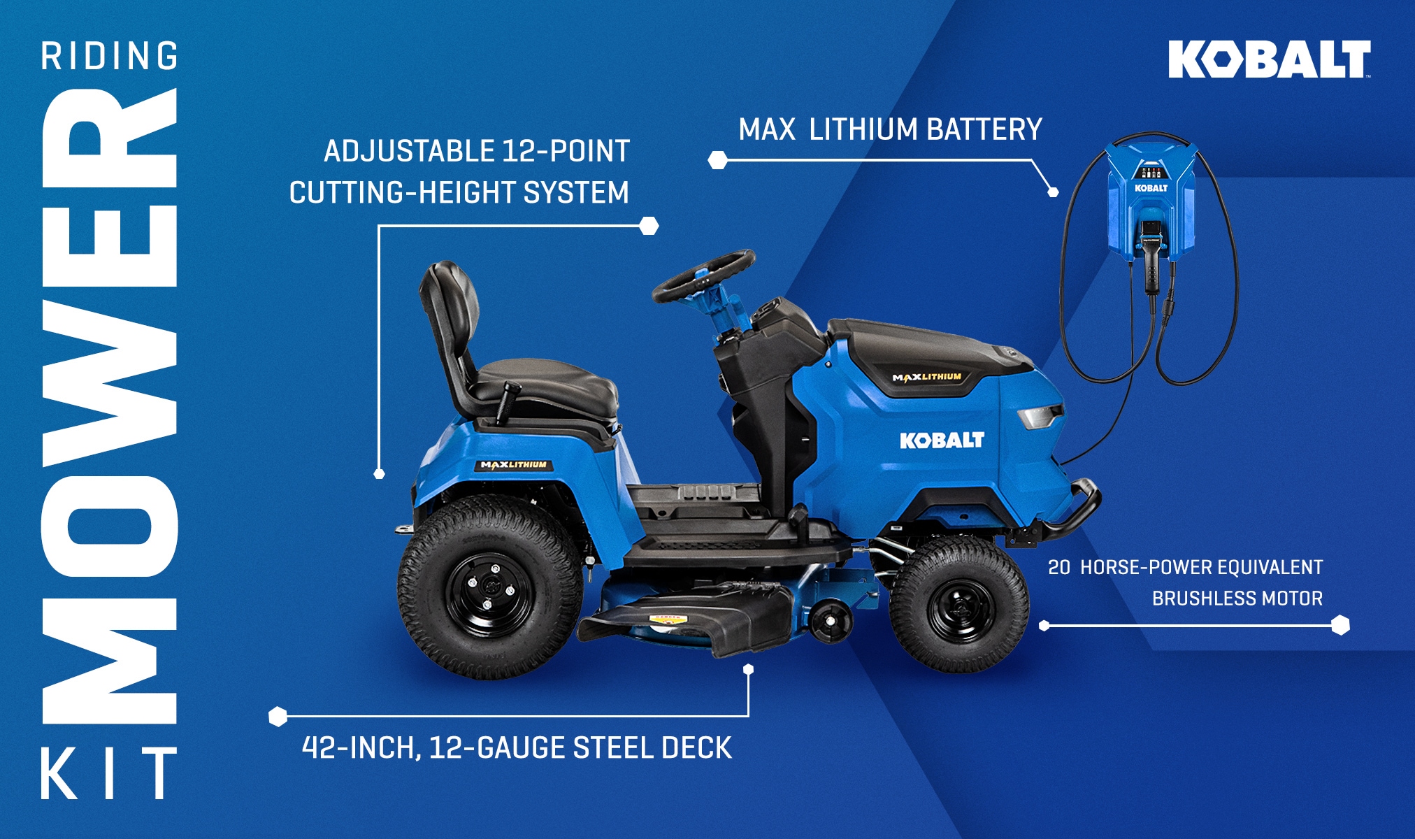 Kobalt MAX-Lithium Tractor 42-in 52-volt Lithium ion Electric Riding lawn mower with ( 1 ) 40 Ah Batteries ( Charger Included )