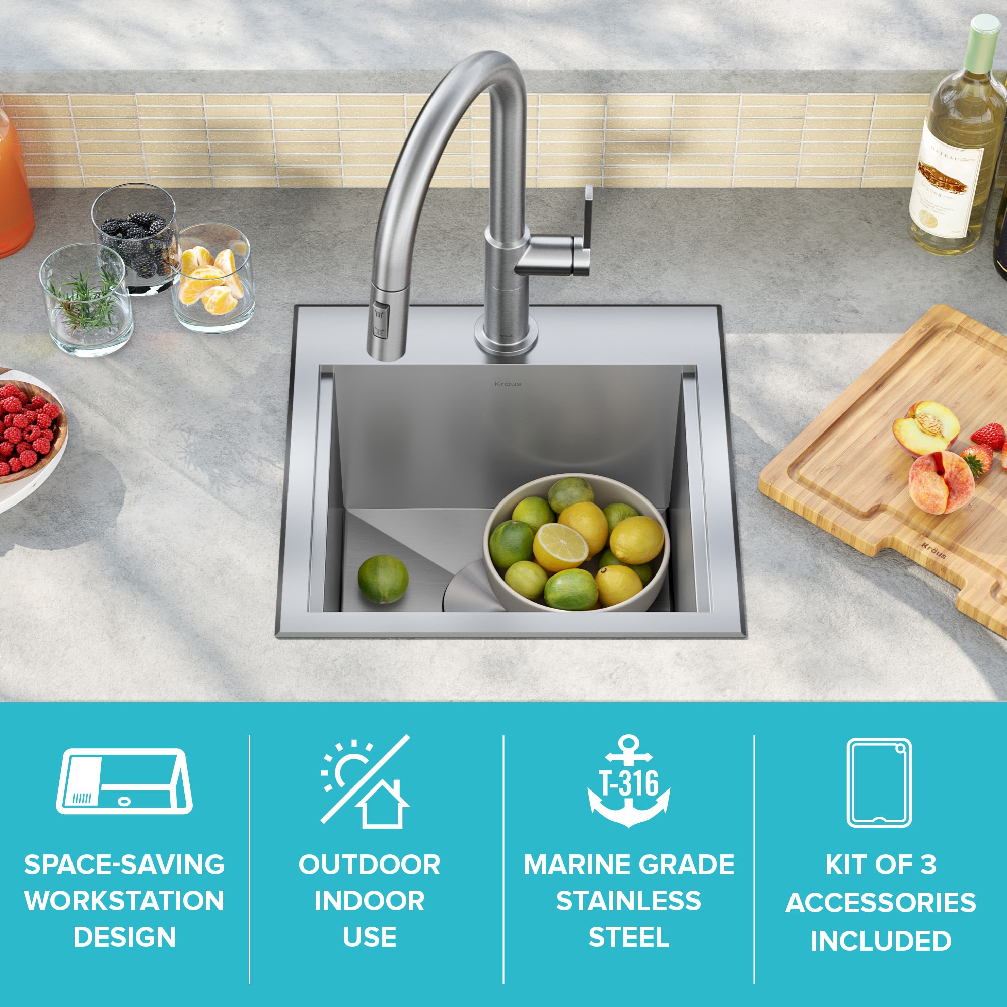 Kraus Kore 4 -Piece 15-in W x 9.5-in D x 15-in H Modular Outdoor Kitchen Sink