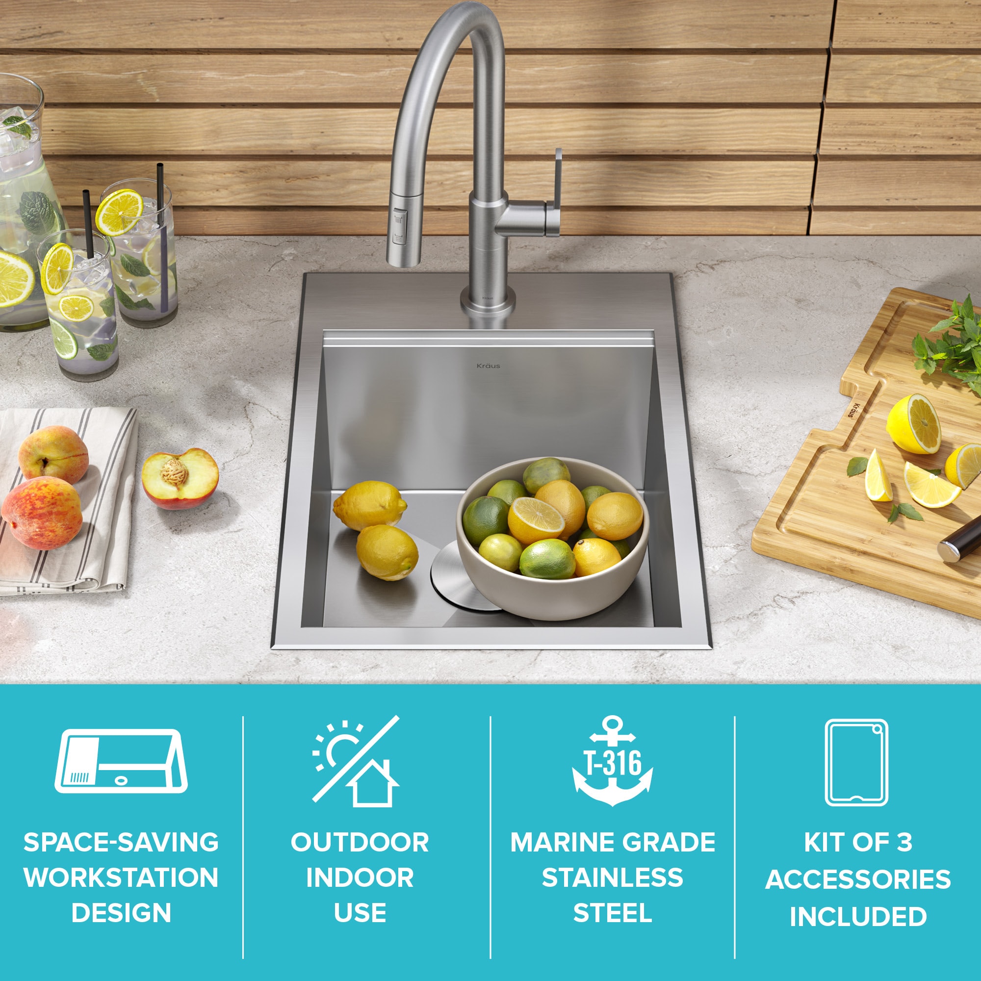 Kraus Kore 4 -Piece 15-in W x 9.38-in D x 22-in H Modular Outdoor Kitchen Sink