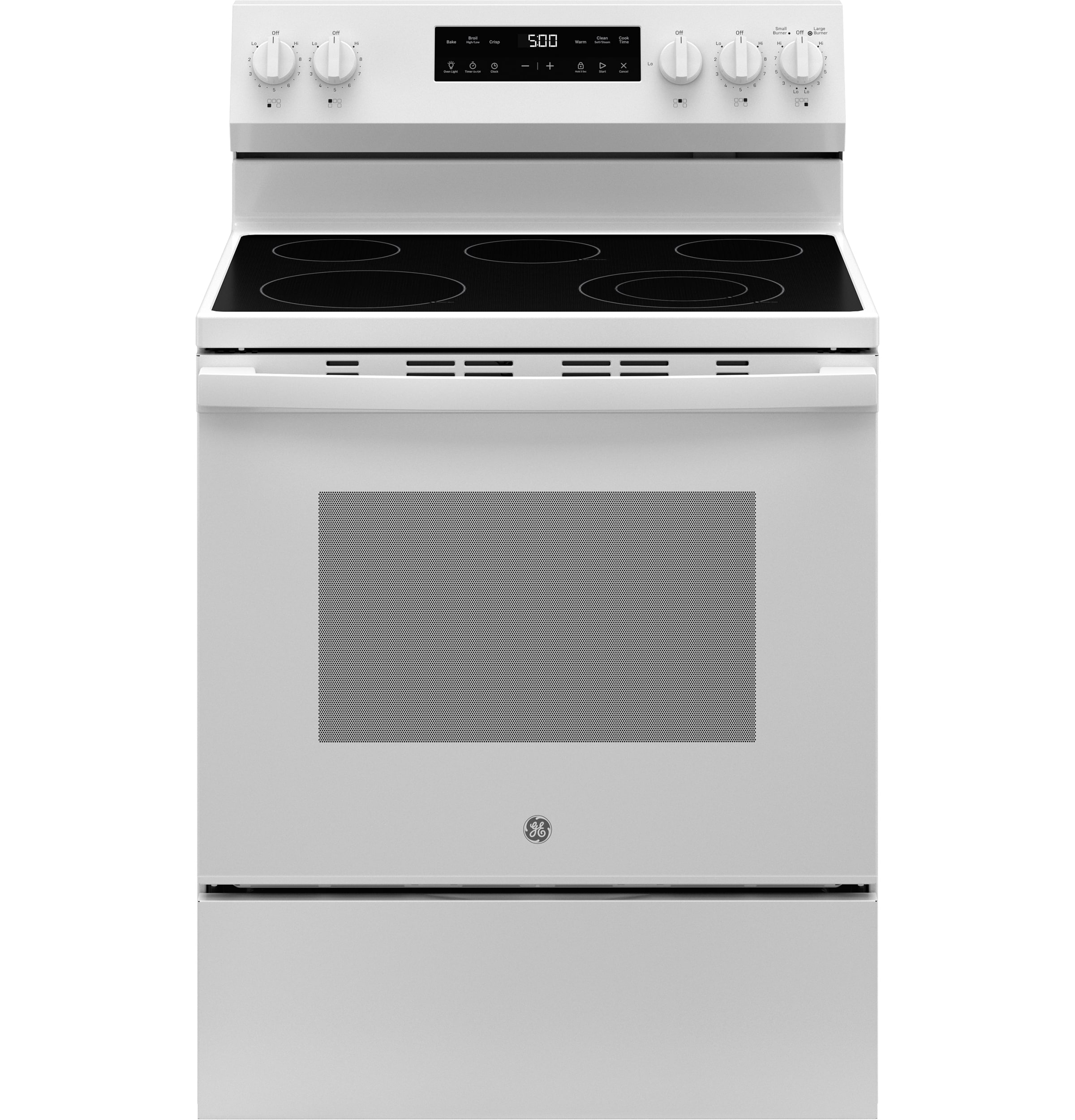 GE Crisp Mode 30-in Glass Top 5 burners 5.3-cu ft Freestanding Electric Range ( White )