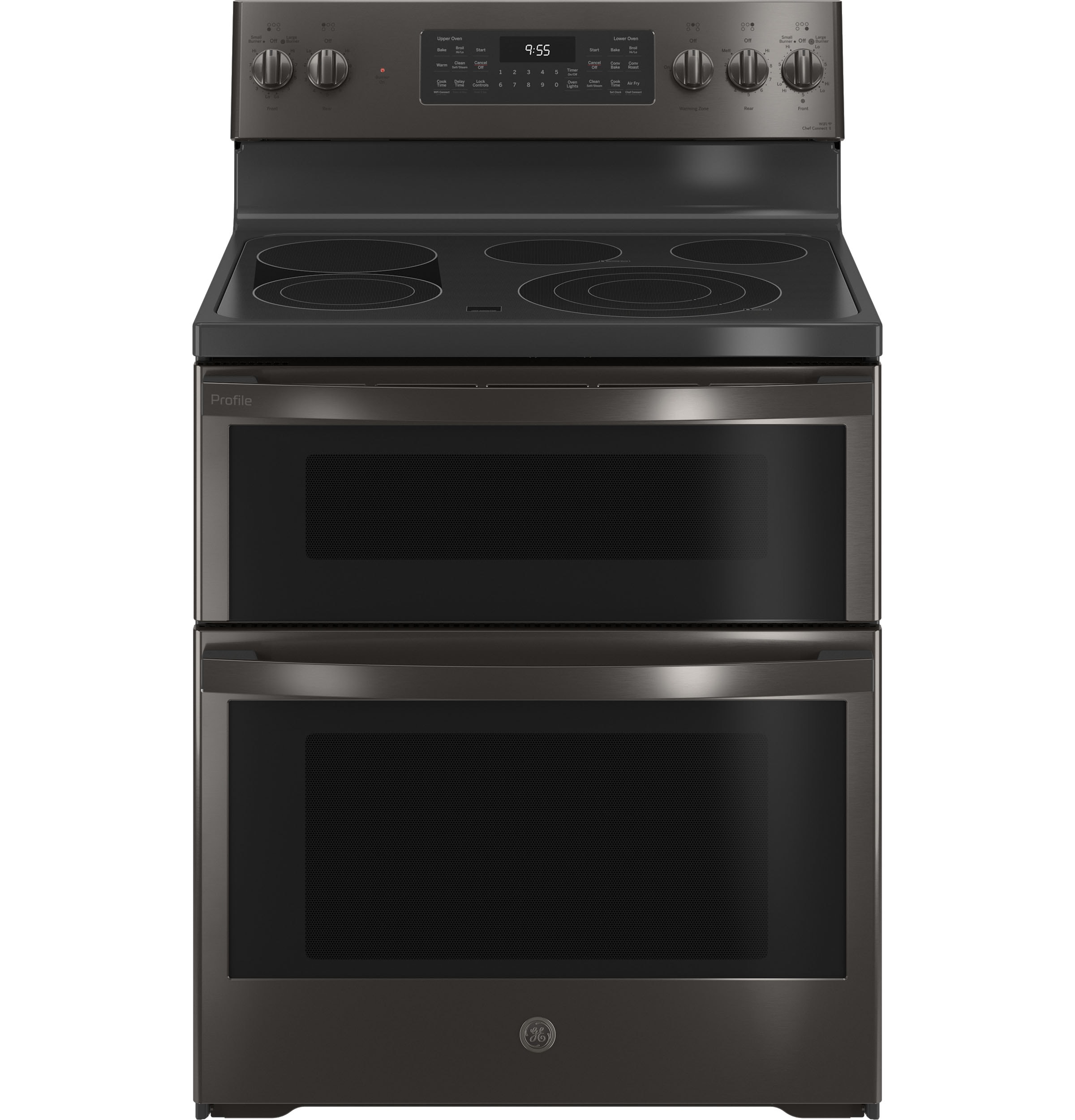 GE Profile 30-in Glass Top 5 burners 4.4-cu ft / 2.2-cu ft Air Fry Convection Oven Freestanding Double Oven Electric Range ( Black Stainless )