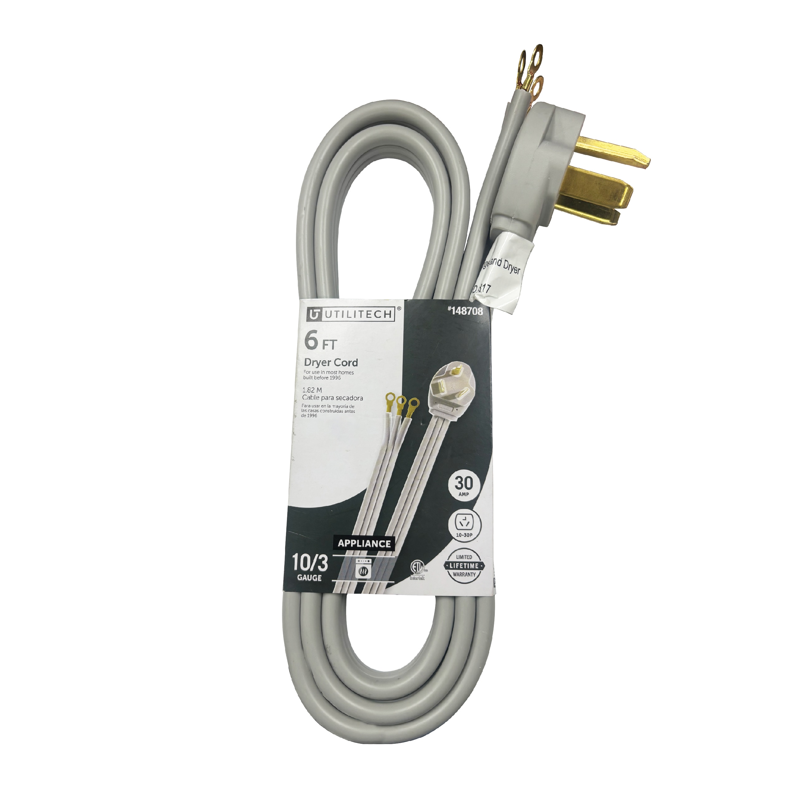 Utilitech Dryer Cord 6-ft 30 -Amp 3 -Prong Gray Dryer Appliance Power Cord
