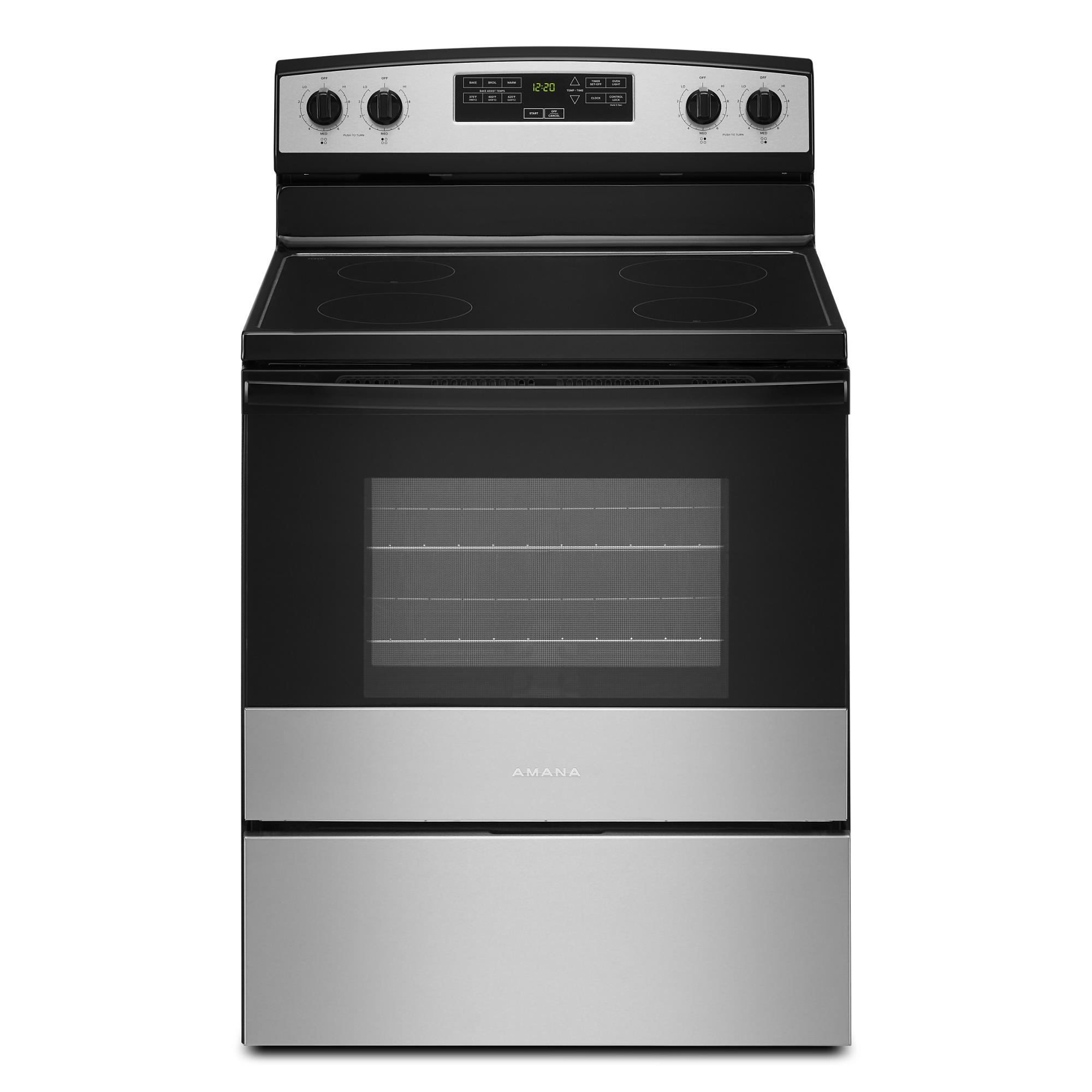 Amana 30-in Glass Top 4 burners 4.8-cu ft Freestanding Electric Range Stainless Steel )