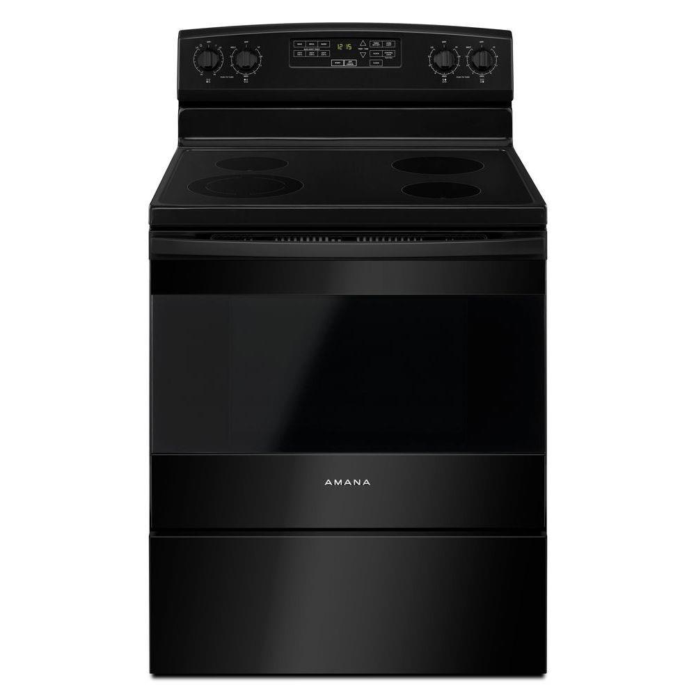 Amana 30-in Glass Top 4 burners 4.8-cu ft Freestanding Electric Range Black )