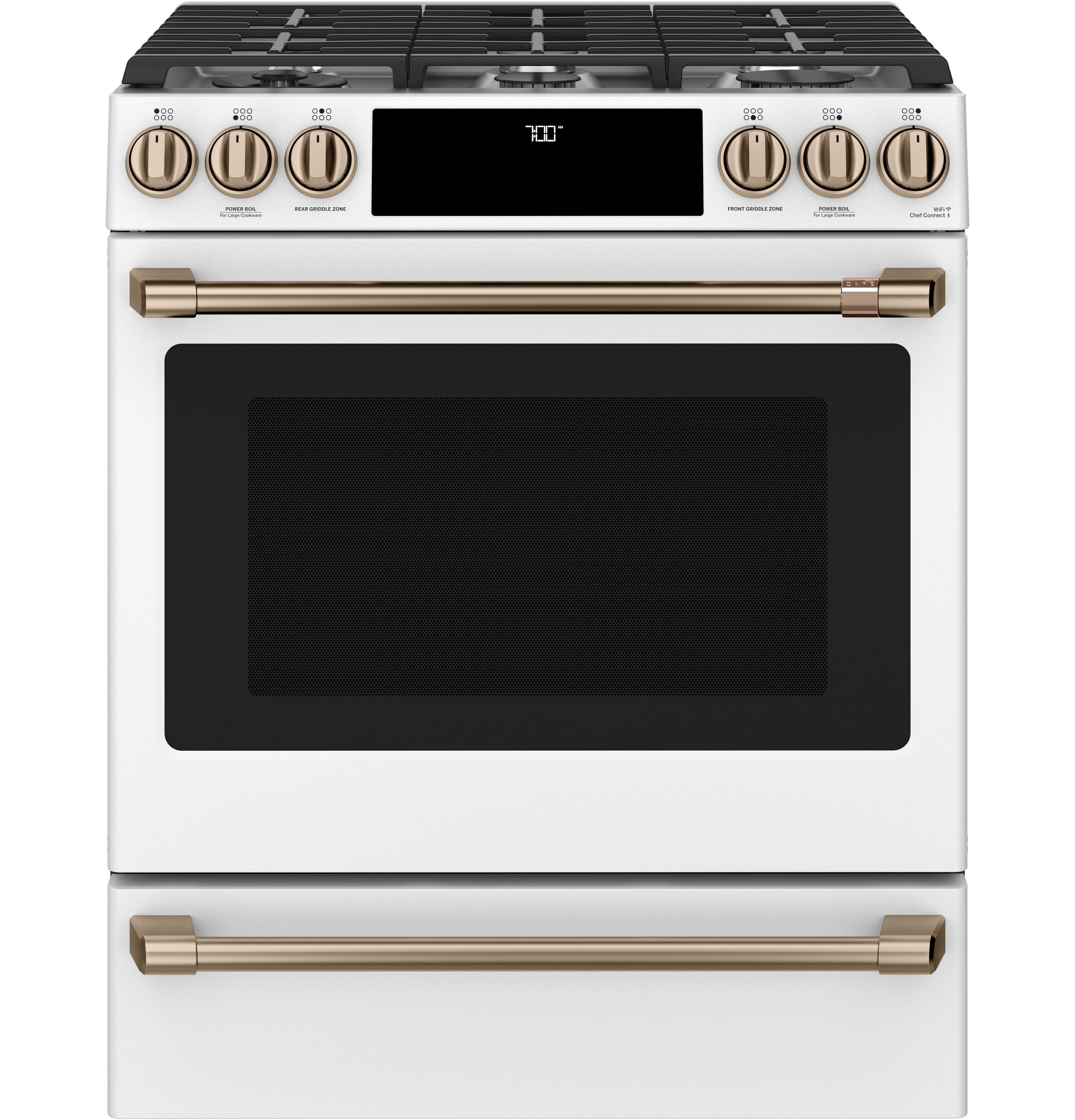 Cafe 30-in 6 burners 5.6-cu ft Air Fry Convection Oven Slide-In Natural Gas Range ( Matte White )
