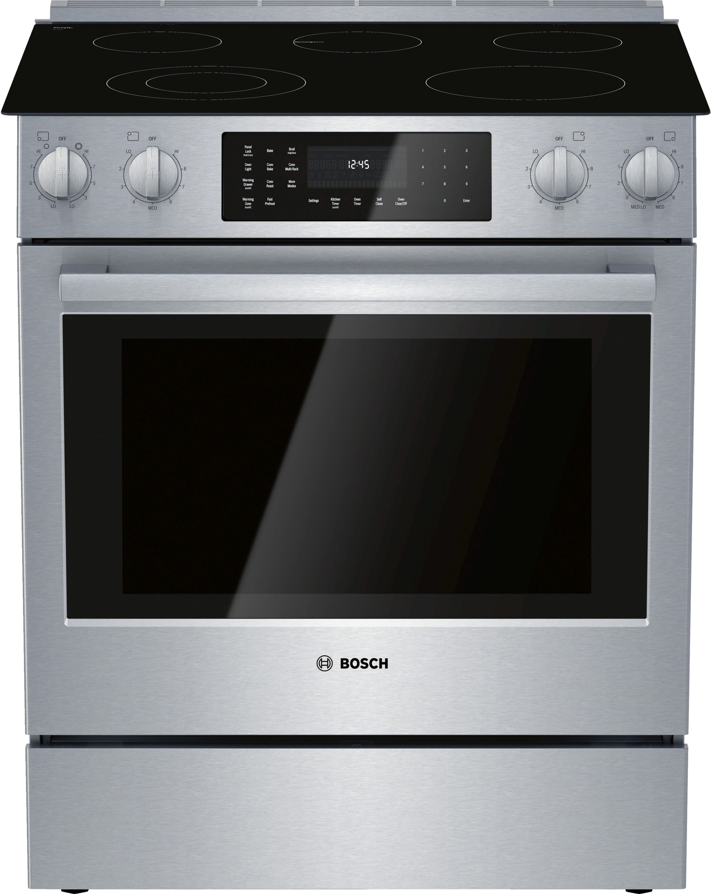 Bosch 800 Series 30-in Glass Top 5 burners 4.6-cu ft Convection Oven Slide-In Electric Range with WipeClean Coating ( Stainless Steel )