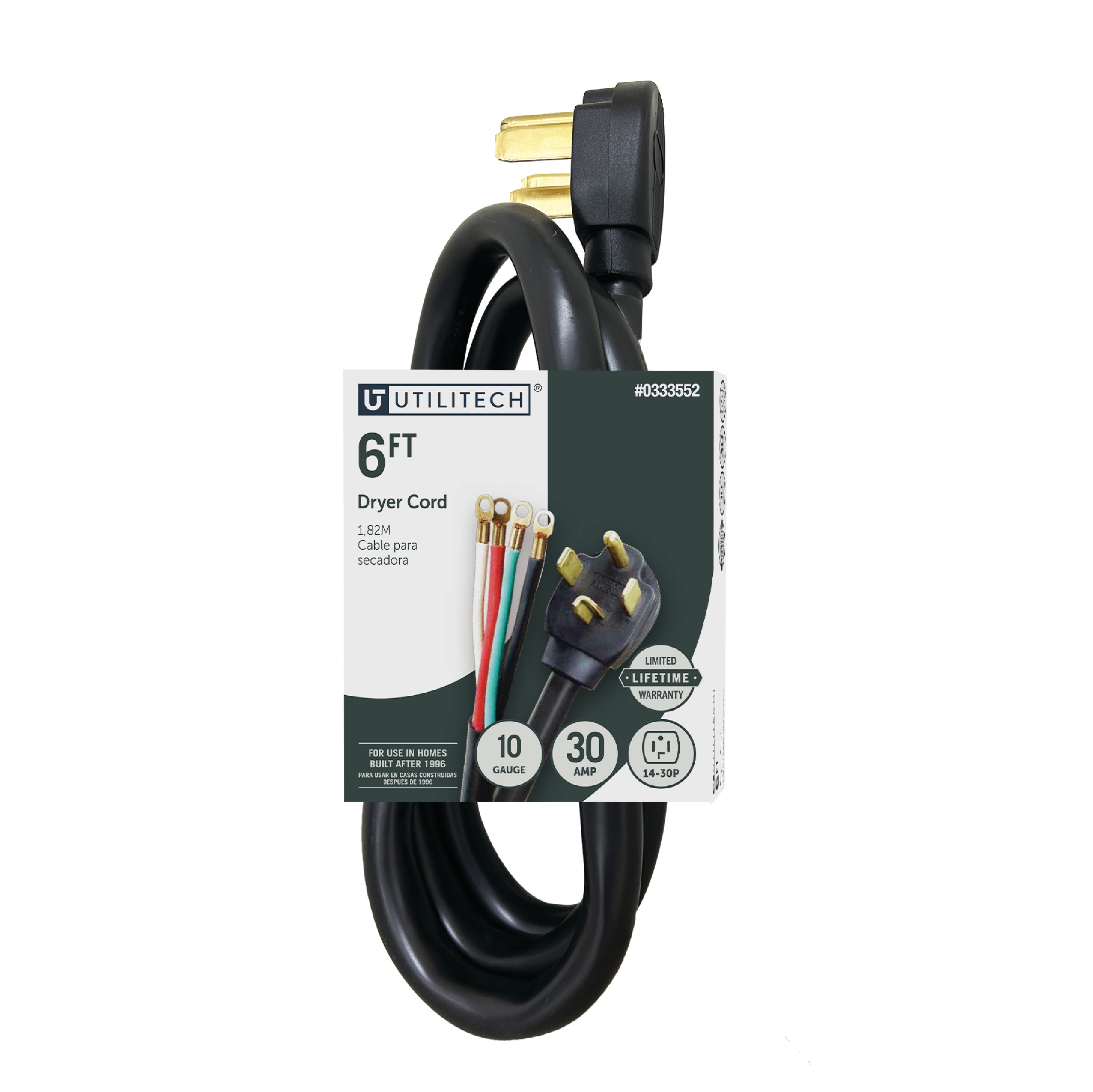 Utilitech Dryer Cord 6-ft 30 -Amp 4 -Prong Black Dryer Appliance Power Cord