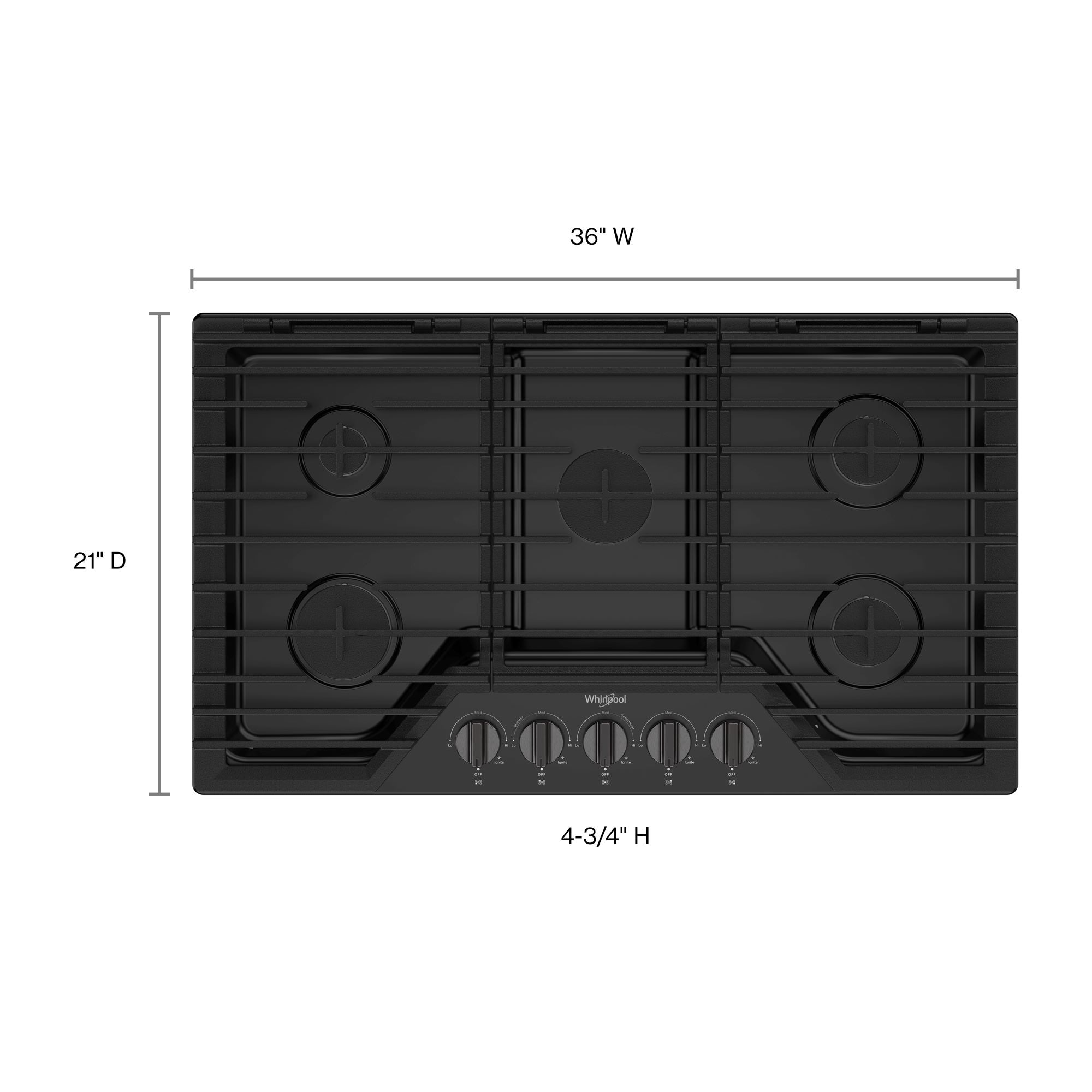 Whirlpool 36-in 5 burners Black Stainless steel Gas Cooktop