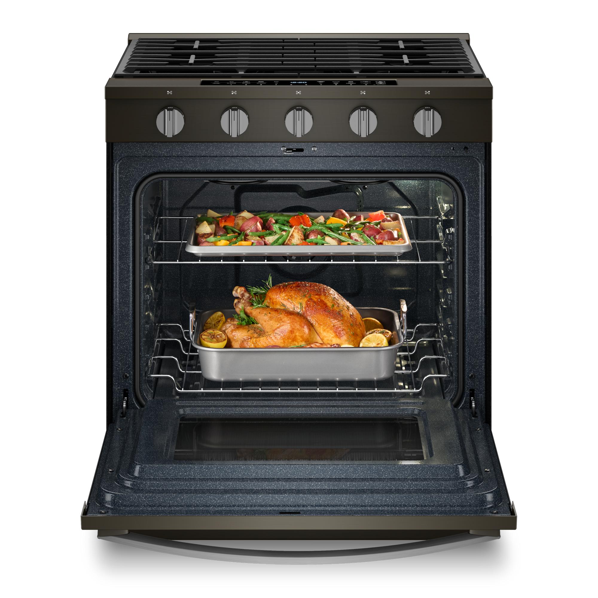 Whirlpool 30-in 5 burners 5-cu ft Air Fry Convection Oven Slide-In Natural Gas Range ( Black Stainless )