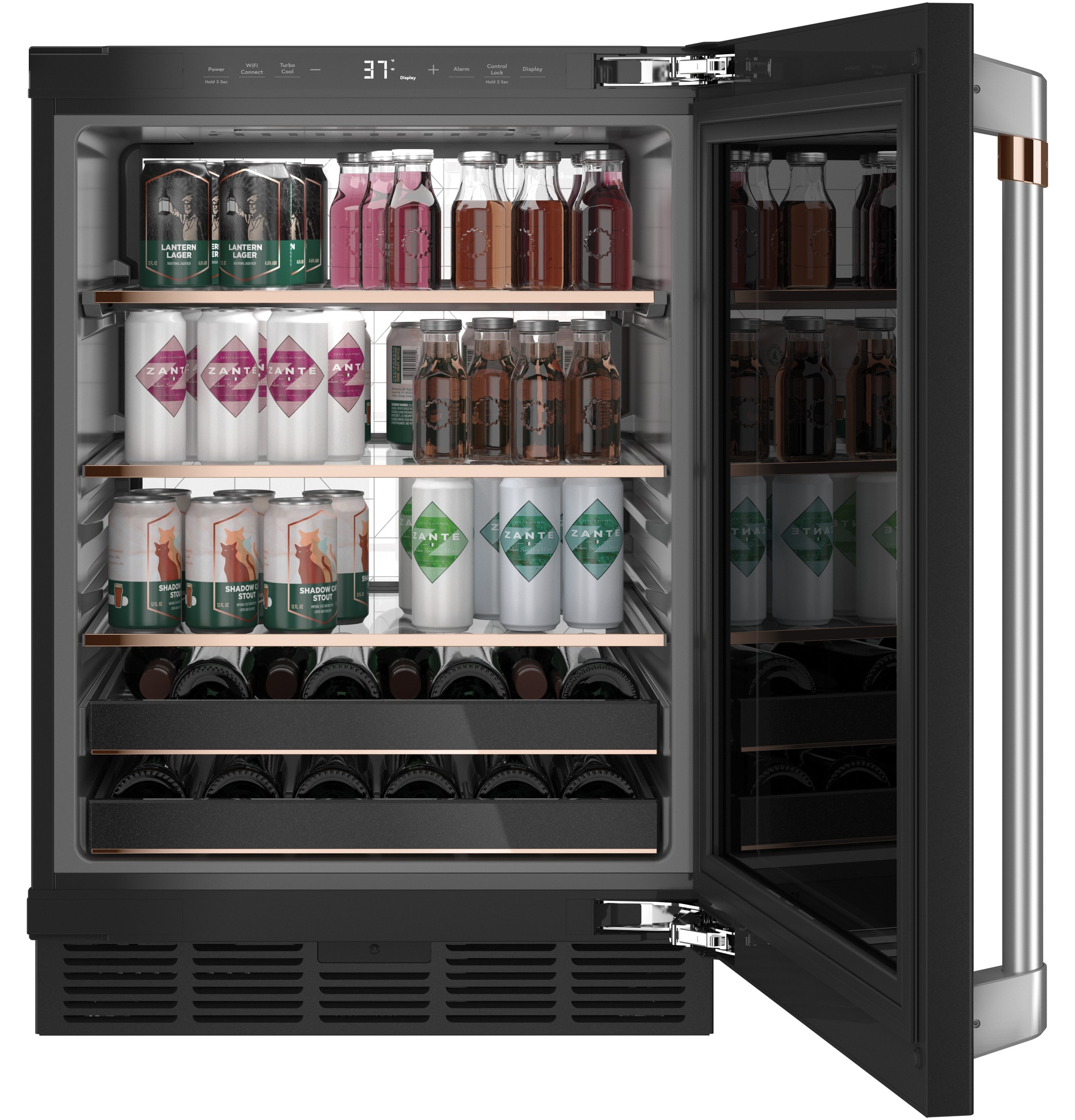 Cafe 23.75-in W 126 -Can Capacity Matte Black with Brushed Stainless Handles Built-in/Freestanding Indoor Beverage Refrigerator with Glass Door