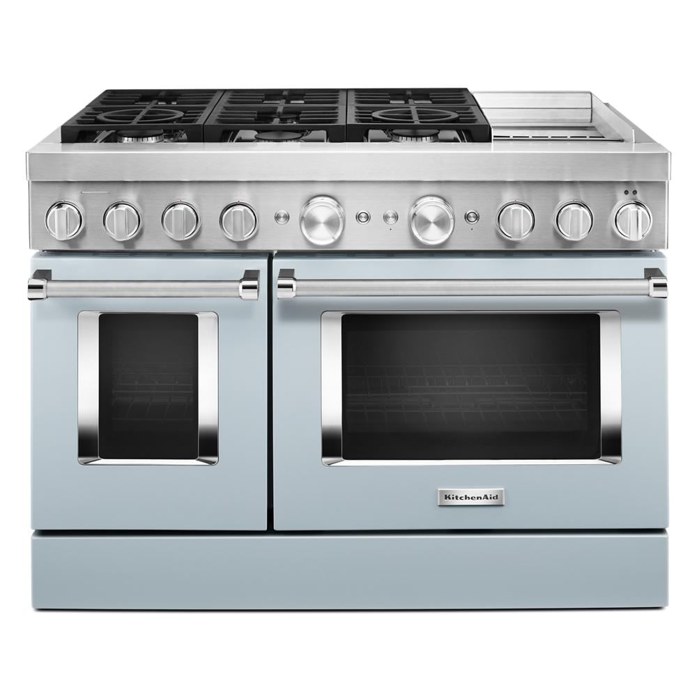 KitchenAid Commercial Style 48-in 4.1-cu ft / 2.2-cu ft Convection Oven Freestanding Double Oven Dual Fuel Range ( Misty Blue )