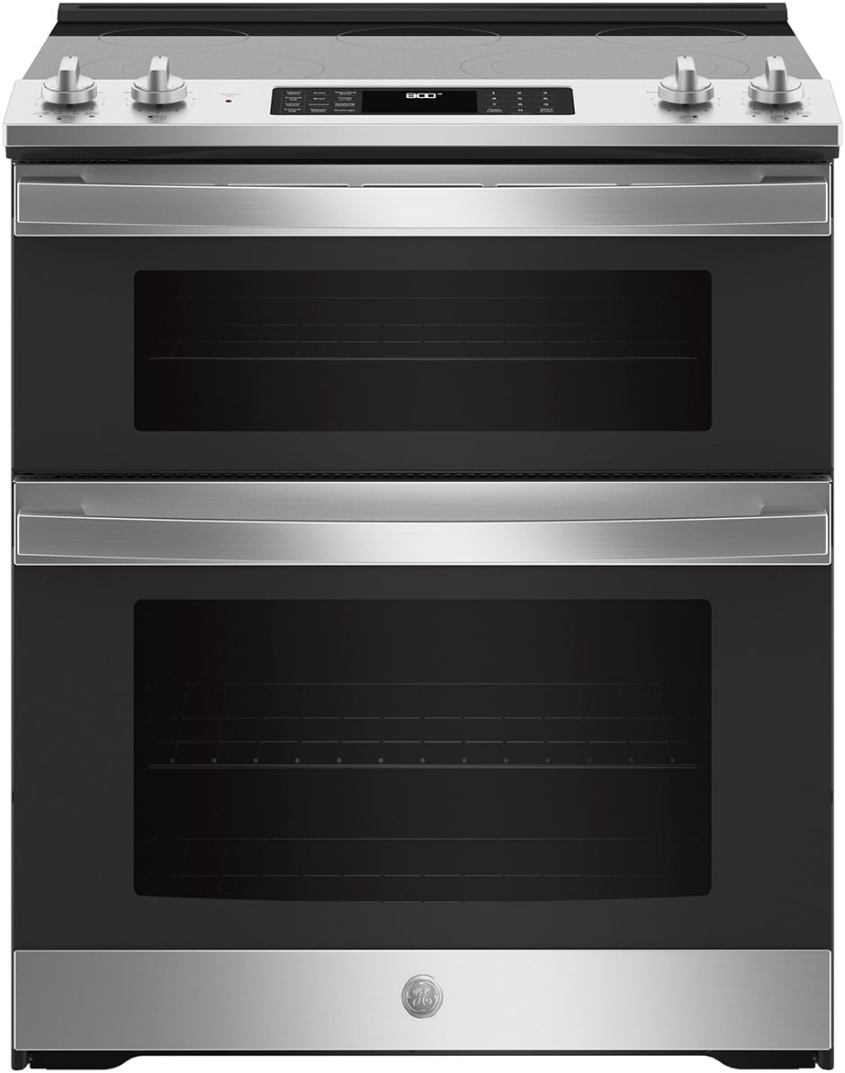 GE 30-in Glass Top 5 burners 4.4-cu ft / 2.2-cu ft Air Fry Convection Oven Slide-In Double Oven Electric Range ( Stainless Steel )