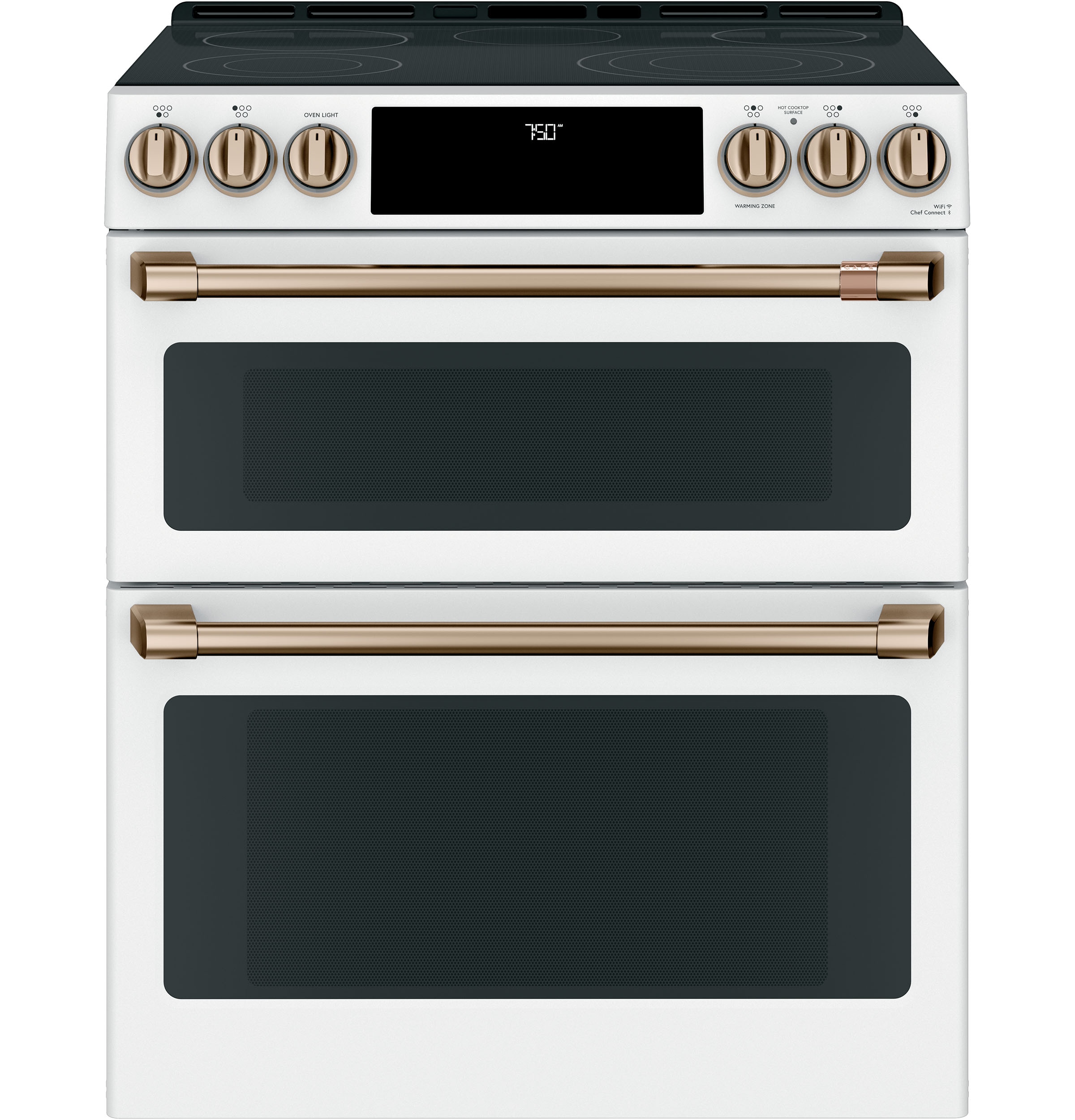 Cafe 30-in Glass Top 5 burners 4.4-cu ft / 2.2-cu ft Air Fry Convection Oven Slide-In Double Oven Electric Range ( Matte White with Brushed Bronze Handles Knobs )