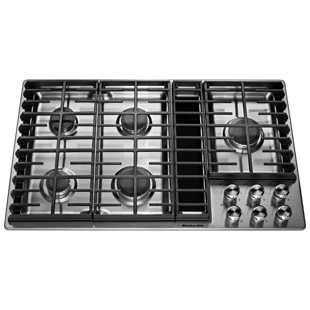 KitchenAid 36-in 5 burners Stainless steel Gas Cooktop with Downdraft Exhaust