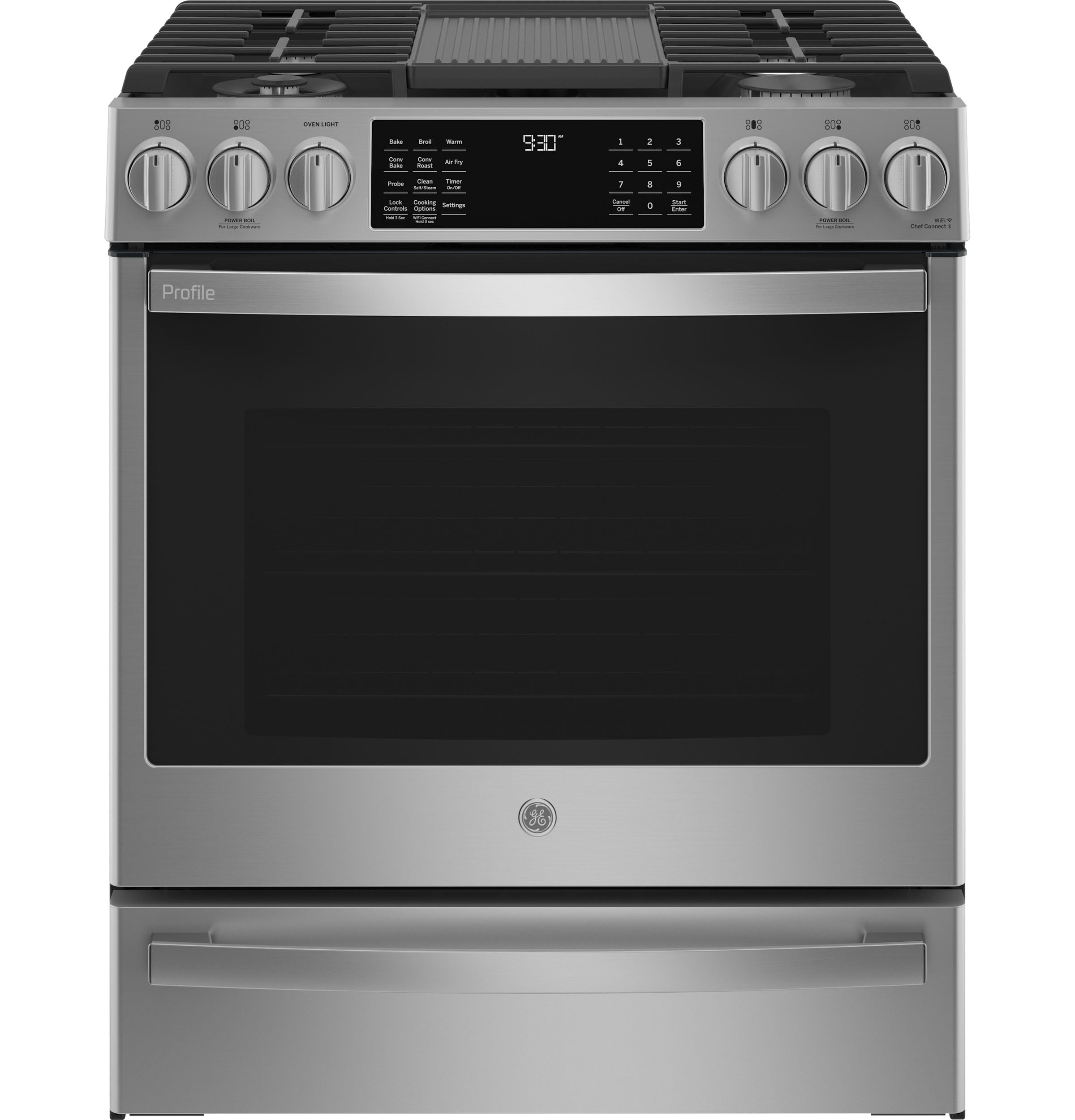 GE Profile 30-in 5 burners 5.6-cu ft Air Fry Convection Oven Slide-In Natural Gas Range ( Fingerprint-resistant Stainless Steel )