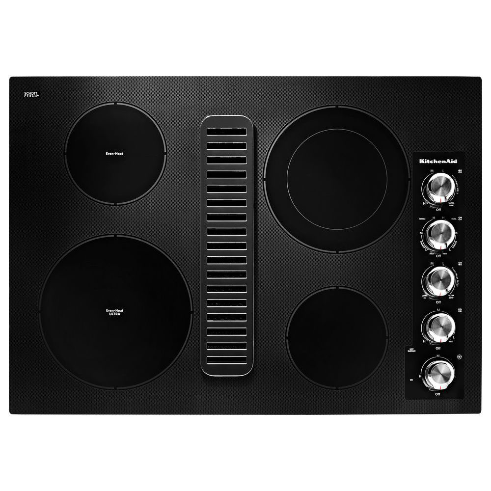 KitchenAid 30-in 4 burners Smooth Surface (Radiant) Black Electric Cooktop with Downdraft Exhaust