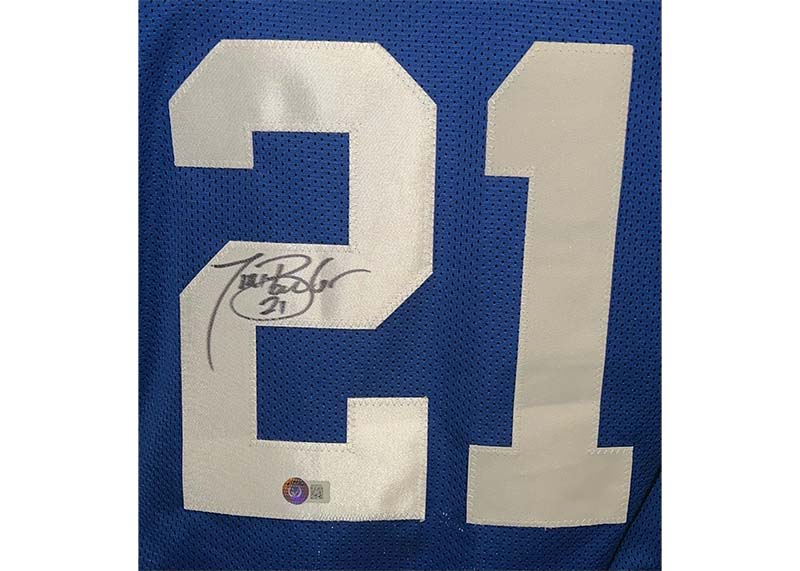Tiki Barber Signed New York Custom Blue Football Jersey Beckett