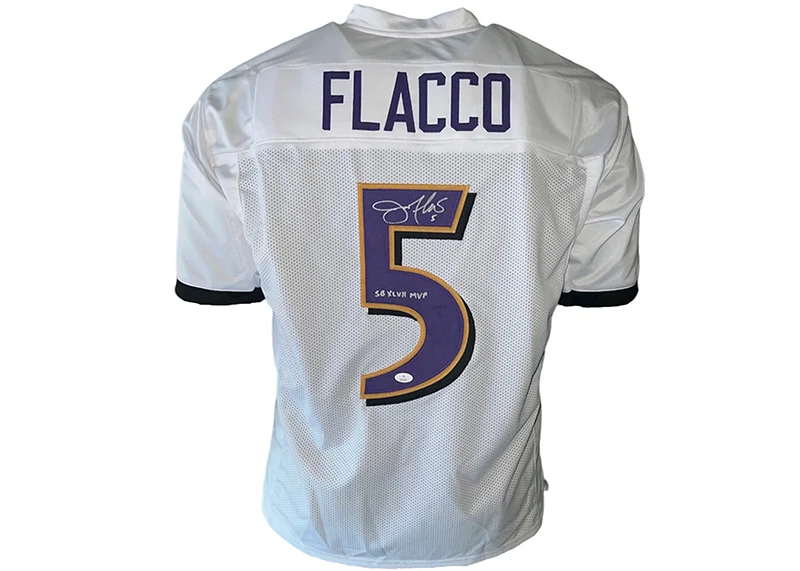 Joe Flacco Signed Baltimore Custom Football White Jersey SB 47 MVP Insc JSA