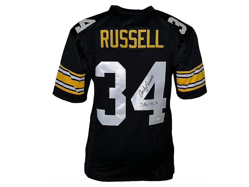 Andy Russell Autographed Pittsburgh Black Pro Style Football Jersey Inc SB IX X Beckett