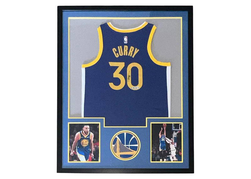 Stephen Curry Signed 34x42 Blue Framed Basketball Jersey Beckett