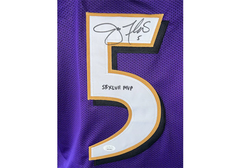 Joe Flacco Signed Baltimore Custom Football Purple Jersey SB 47 MVP Insc JSA