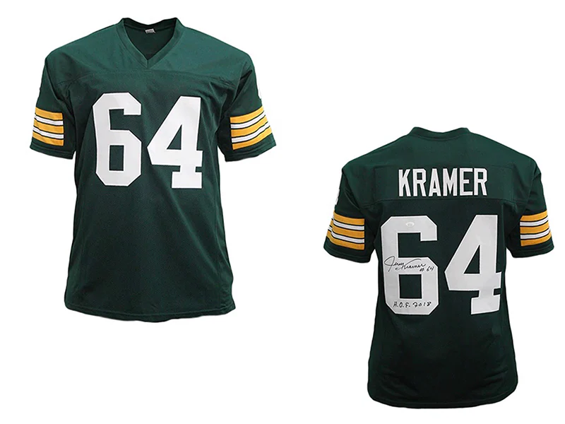 Jerry Kramer Autographed Green Bay Pro Style Football Green Jersey (JSA) HOF 2018 Inscription