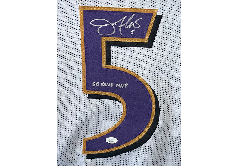 Joe Flacco Signed Baltimore Custom Football White Jersey SB 47 MVP Insc JSA