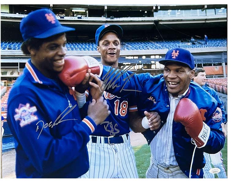 Doc Gooden & Darryl Strawberry Signed New York Mets Photo W/ Mike Tyson 16x20 JSA