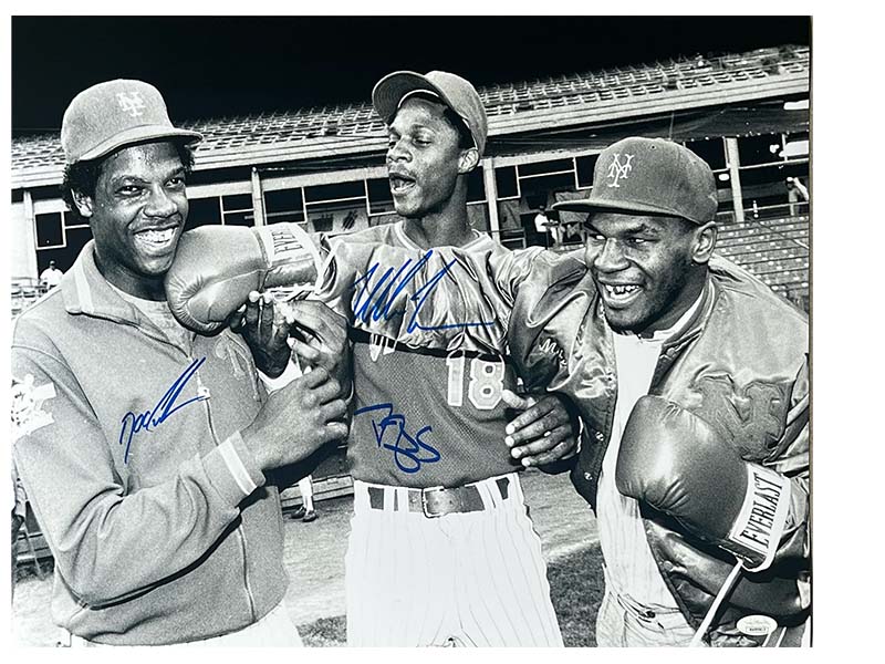 Doc Gooden & Darryl Strawberry Signed New York Mets Photo W/ Mike Tyson 16x20 JSA