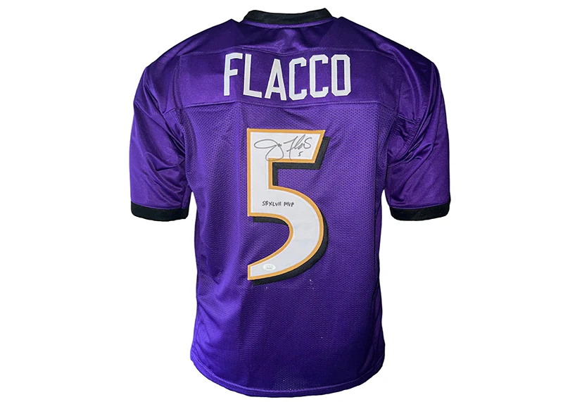 Joe Flacco Signed Baltimore Custom Football Purple Jersey SB 47 MVP Insc JSA