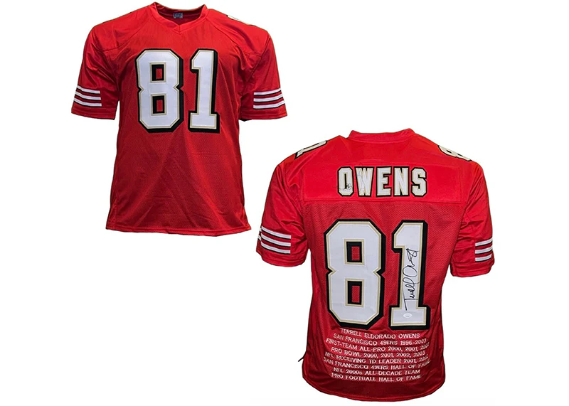 Terrell Owens Autographed San Francisco Custom Red Stat Football Jersey (JSA)