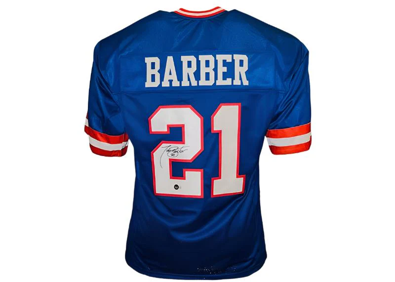 Tiki Barber Signed New York Custom Blue Football Jersey Beckett